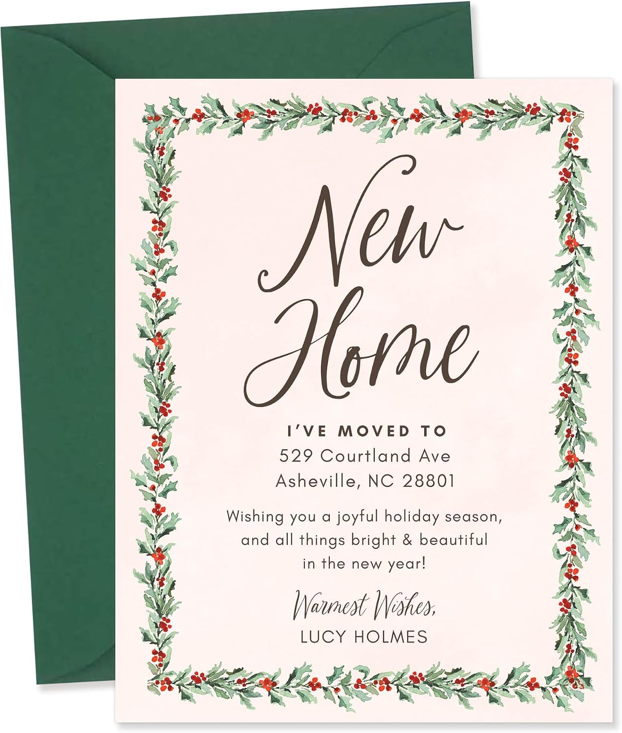 Christmas Holly Garland Moving Announcement Cards, Flat 4.25x5.5 Personalized Holiday New Home Cards with Envelopes