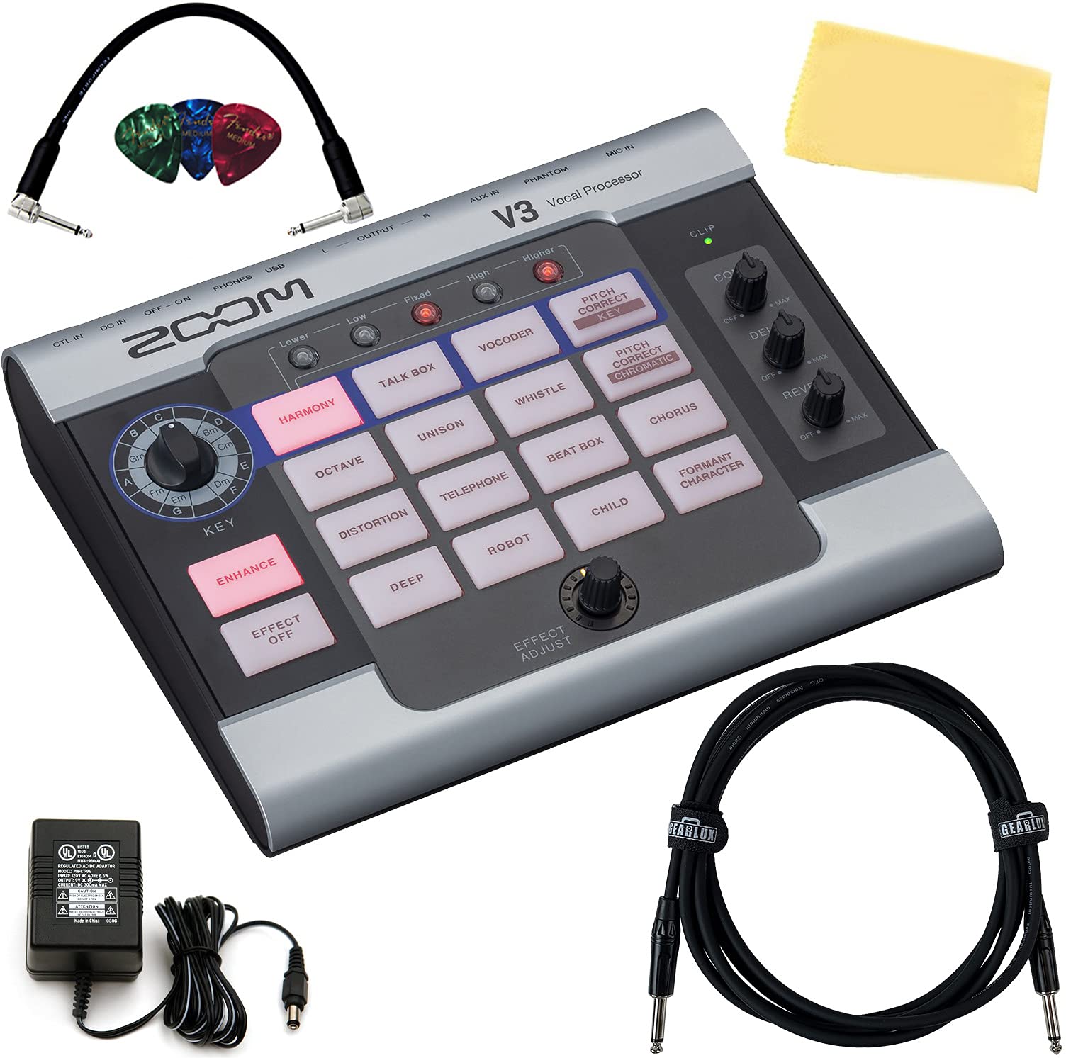 Zoom V3 Vocal Processor with Expression Pedal Bundle with Power Adapter, Picks, Gearlux Instrument C