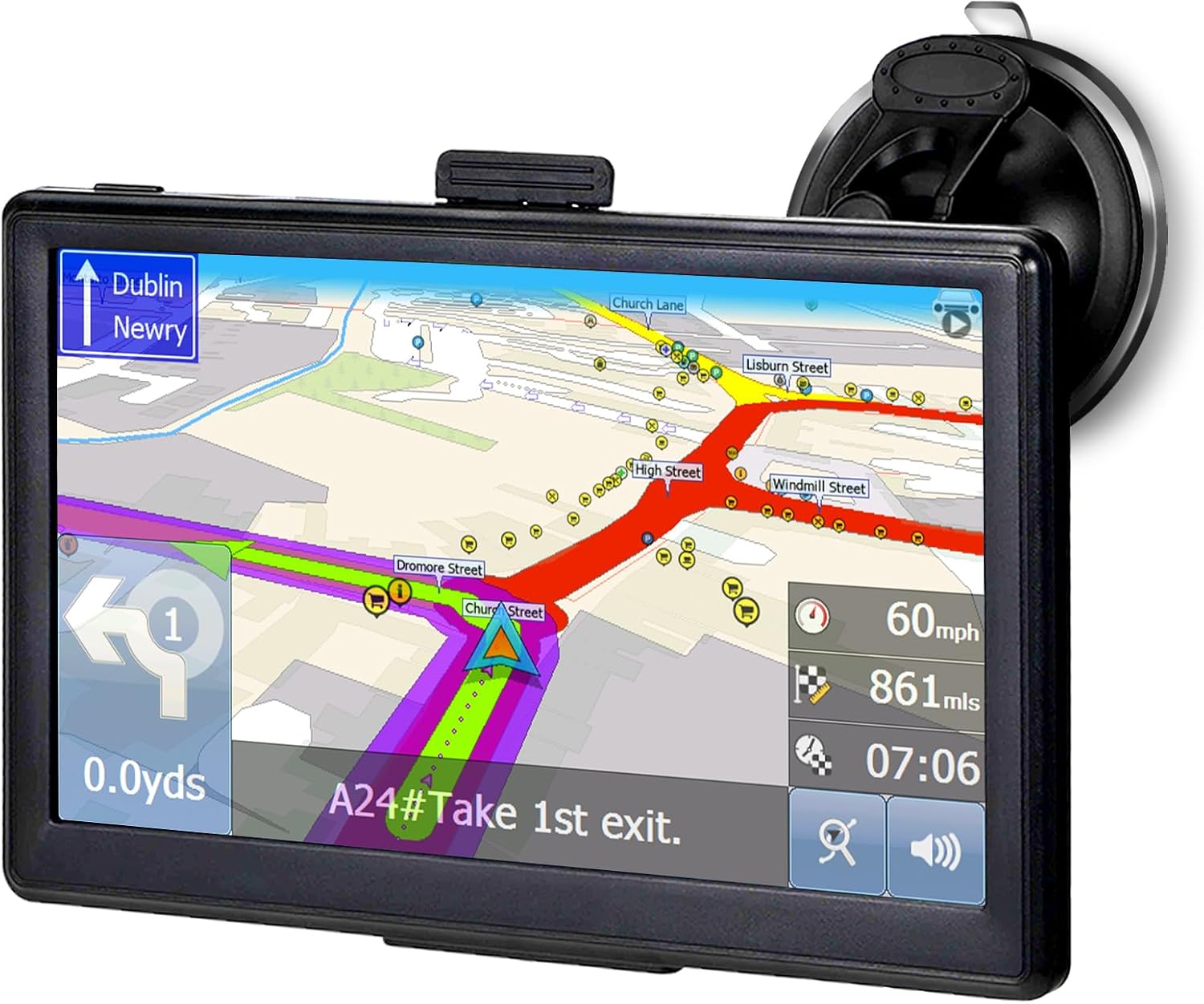 OHREX T76 Sat Nav mounted on a car windscreen displaying a navigation map.