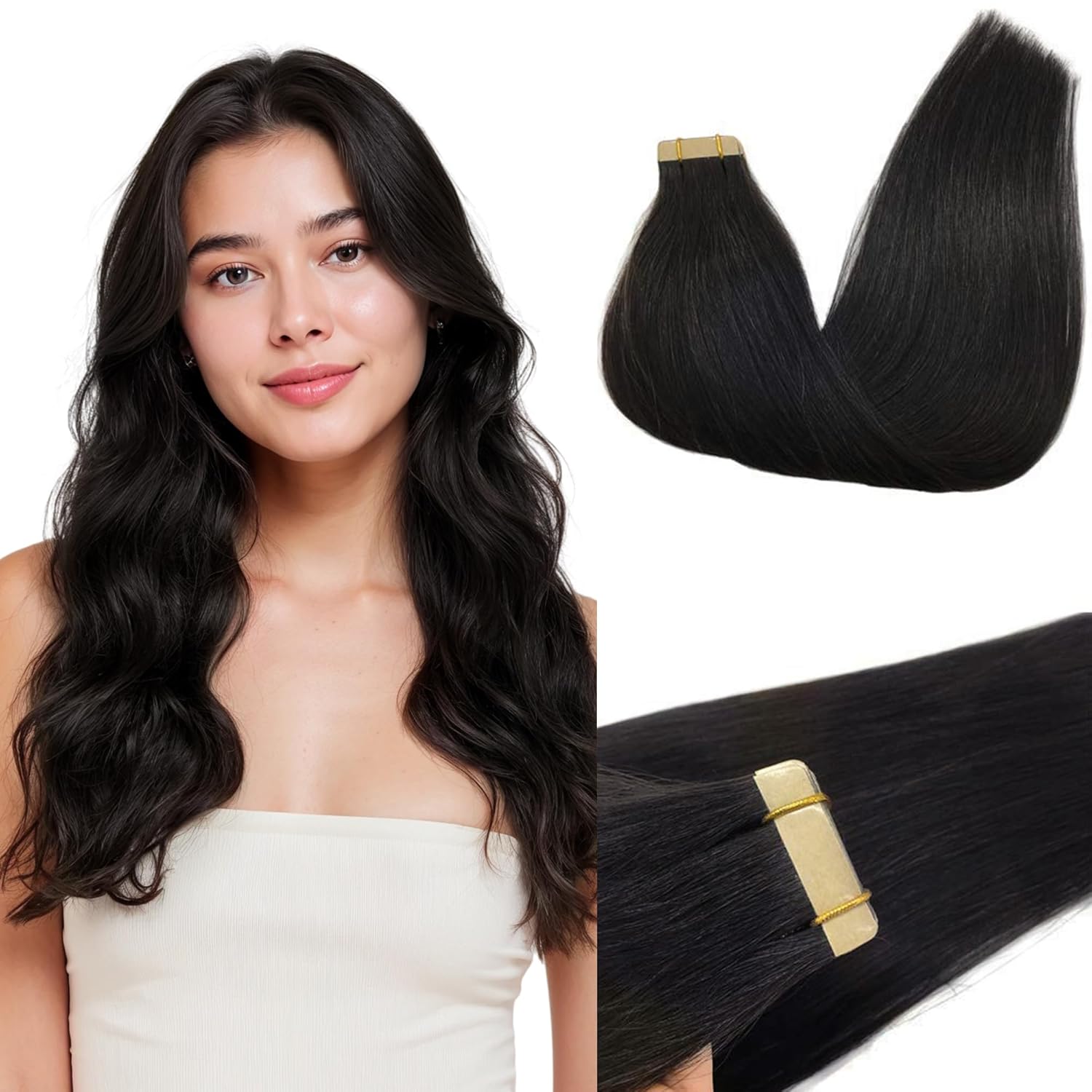 GOO GOO Tape in Hair Extensions Human Hair, 1B Natural black, 22inch 50g 20pcs, Skin Weft Seamless Invisible, Silky Straight with Thick Ends, Remy Human Hair