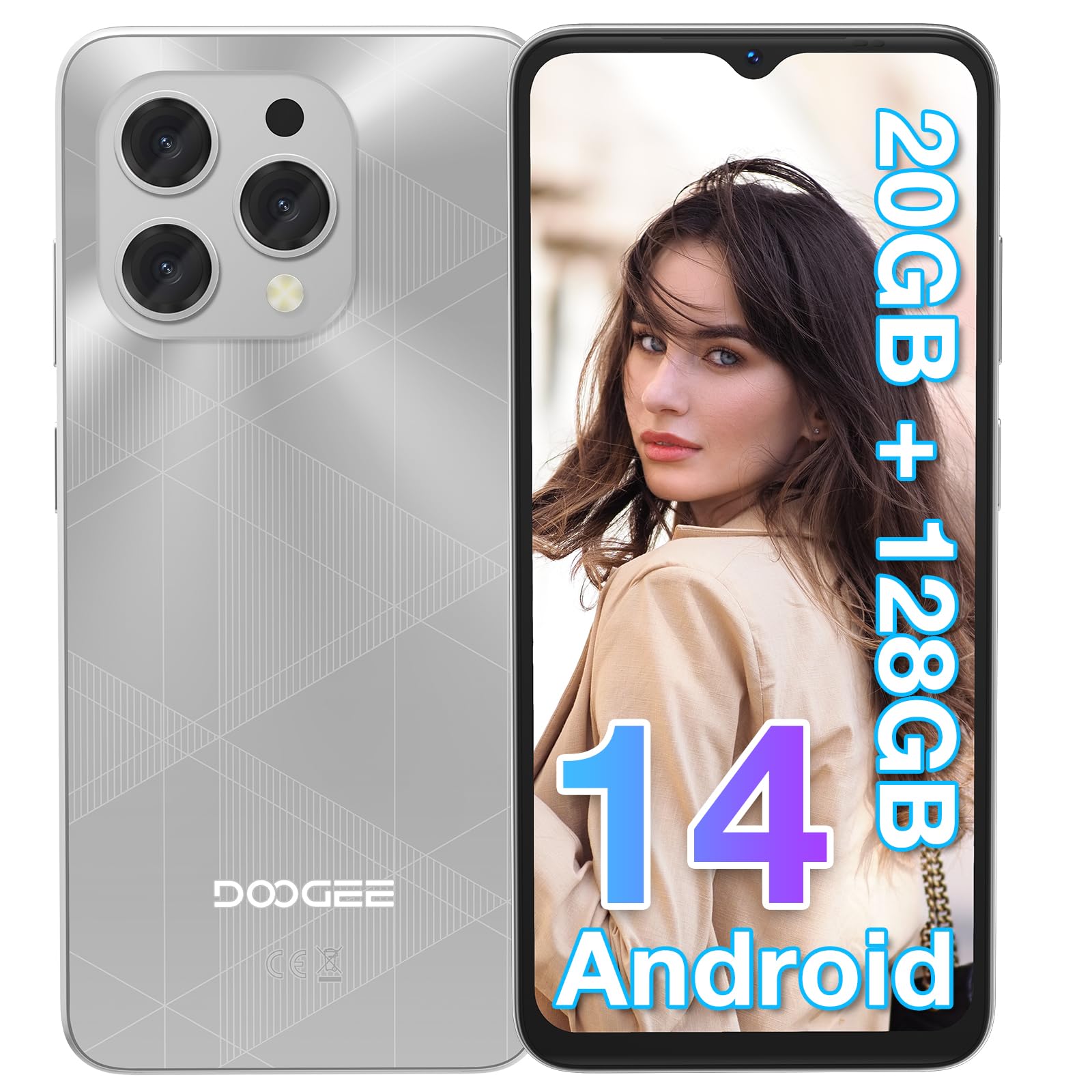 DOOGEE N55 Plus Smartphone, 20GB RAM+128GB ROM, Android 14, 6,56" HD+ 90Hz Telefono, Octa Core, 13MP+8MP Cellulare, 4G Dual SIM, Face ID, 5150mAh, OTG, GPS Smartphone - Argento