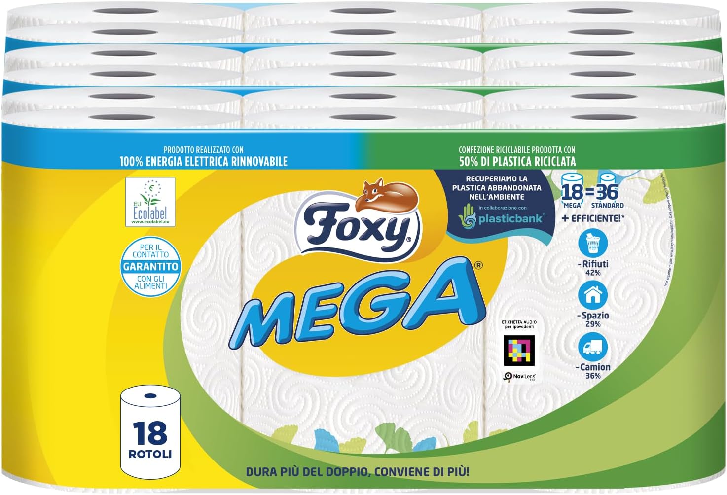 Foxy Mega | Long Lasting Dryer 18 Rolls | 95 Tears | Decorated | 100% Renewable Electricity | Packaging Made with Recycled Plastic