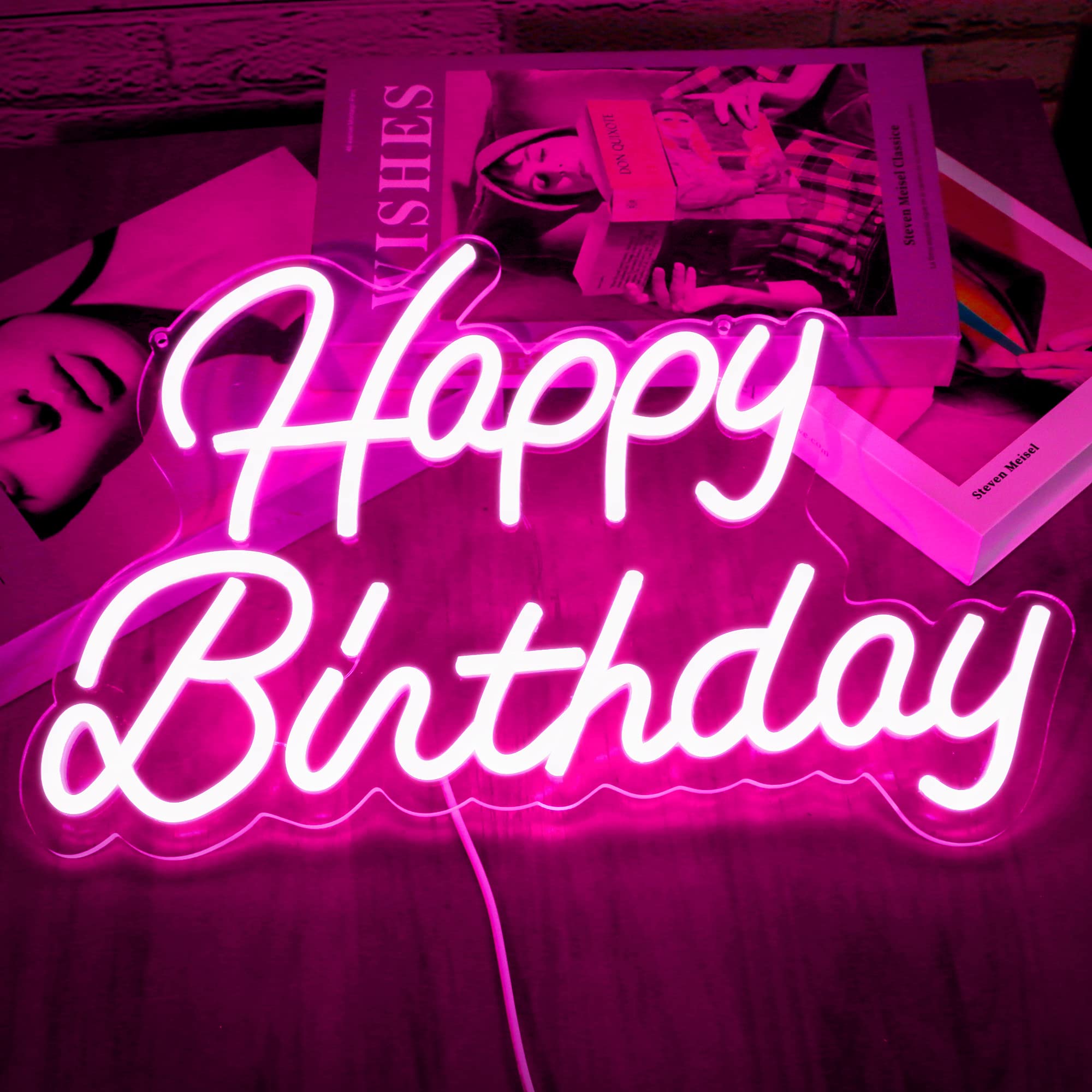 Happy Birthday Neon Sign Home Decor Lights Bedroom Wall Decor Night Light Happy Birthday Light Up Sign Birthday Party Decoration Dimmable Switch Reusable LED Neon USB Power Supply 5V (Pink) — image 1
