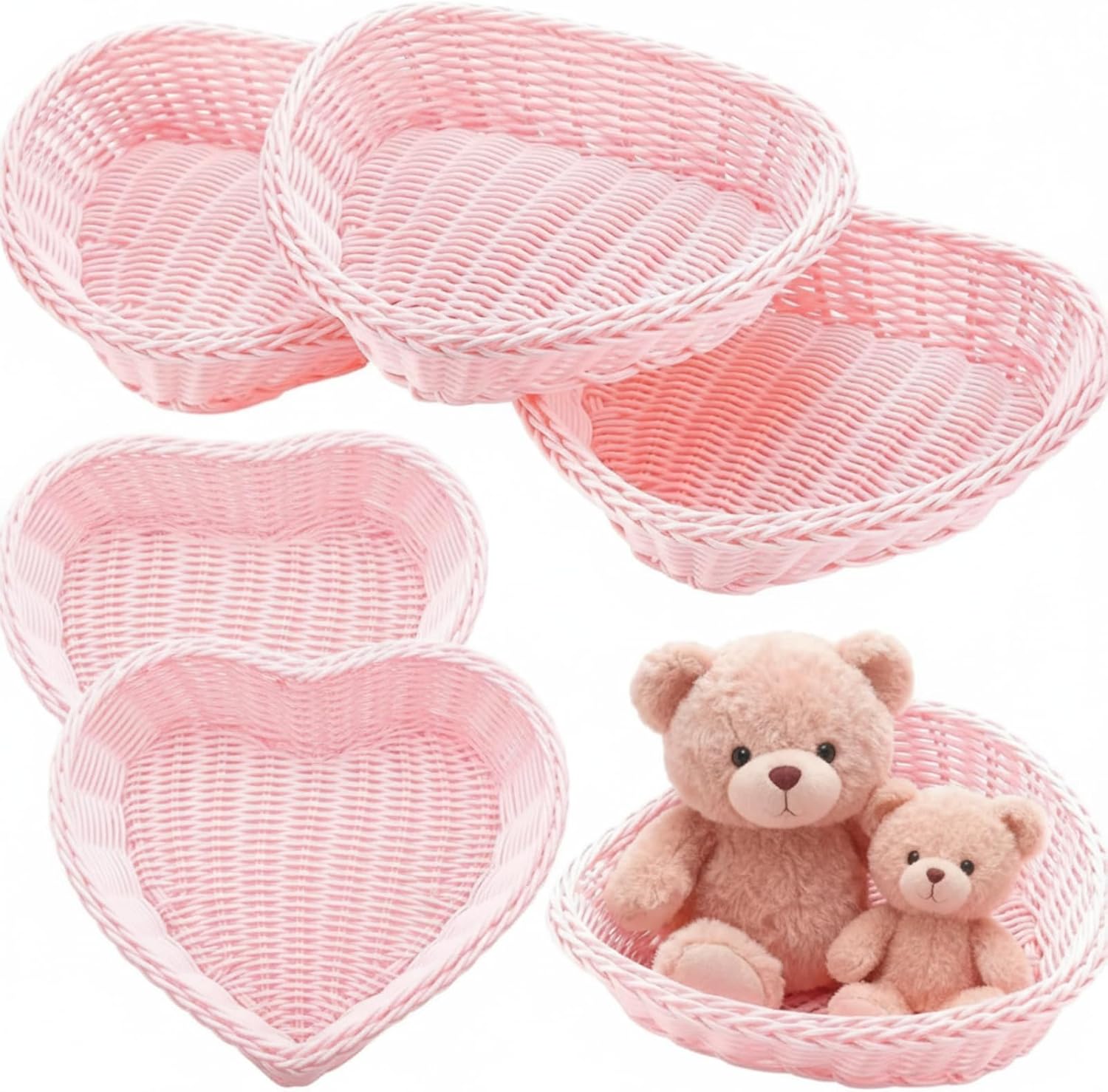 Qinyoung 6 Pcs Valentine's Day Heart Shaped Gift Baskets Heart Woven Valentine's Day Storage Basket Vegetable Fruit Bread Snack Serving Bowl Candy Tray for Desktop Home Office Storage Decoration