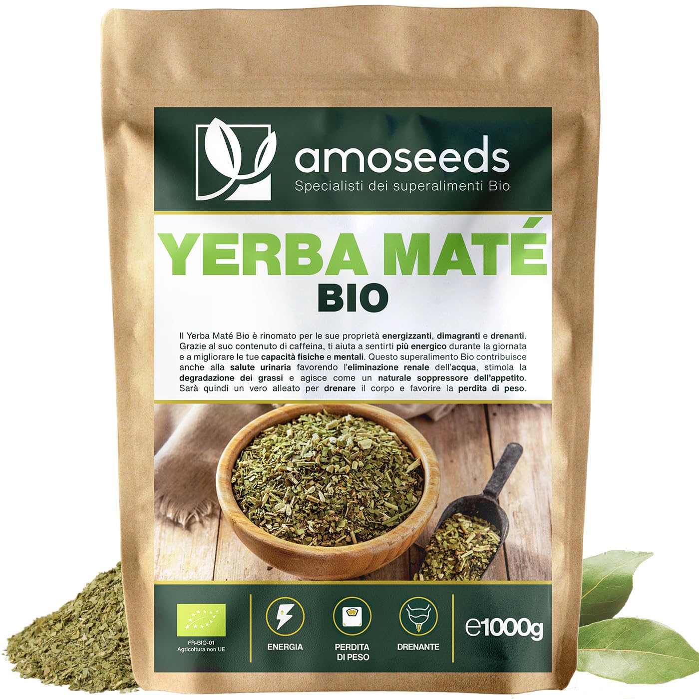 Yerba Maté BIO 1KG | Maté verde non affumicato | 100% foglie, senza steli | Energia, alternativa al caffè | Qualità superiore