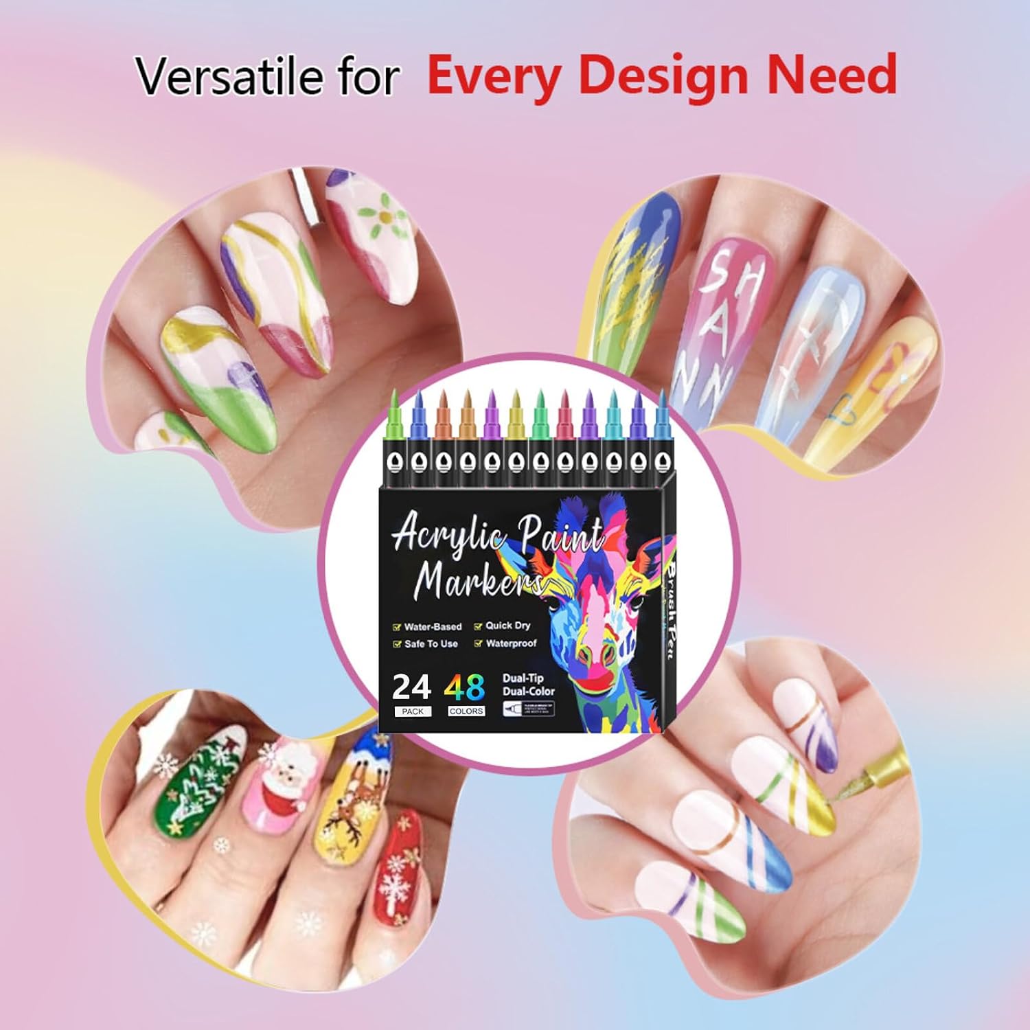 DualTip Nail Art Marker Set Water Based Acrylic Paint Pens with Precision Tips for DIY Nail Design Graffiti Dotting Quick Dry Easy Use Tools Manicures Ladies Girls Thick Pen Tips 48 Colors 24 pieces