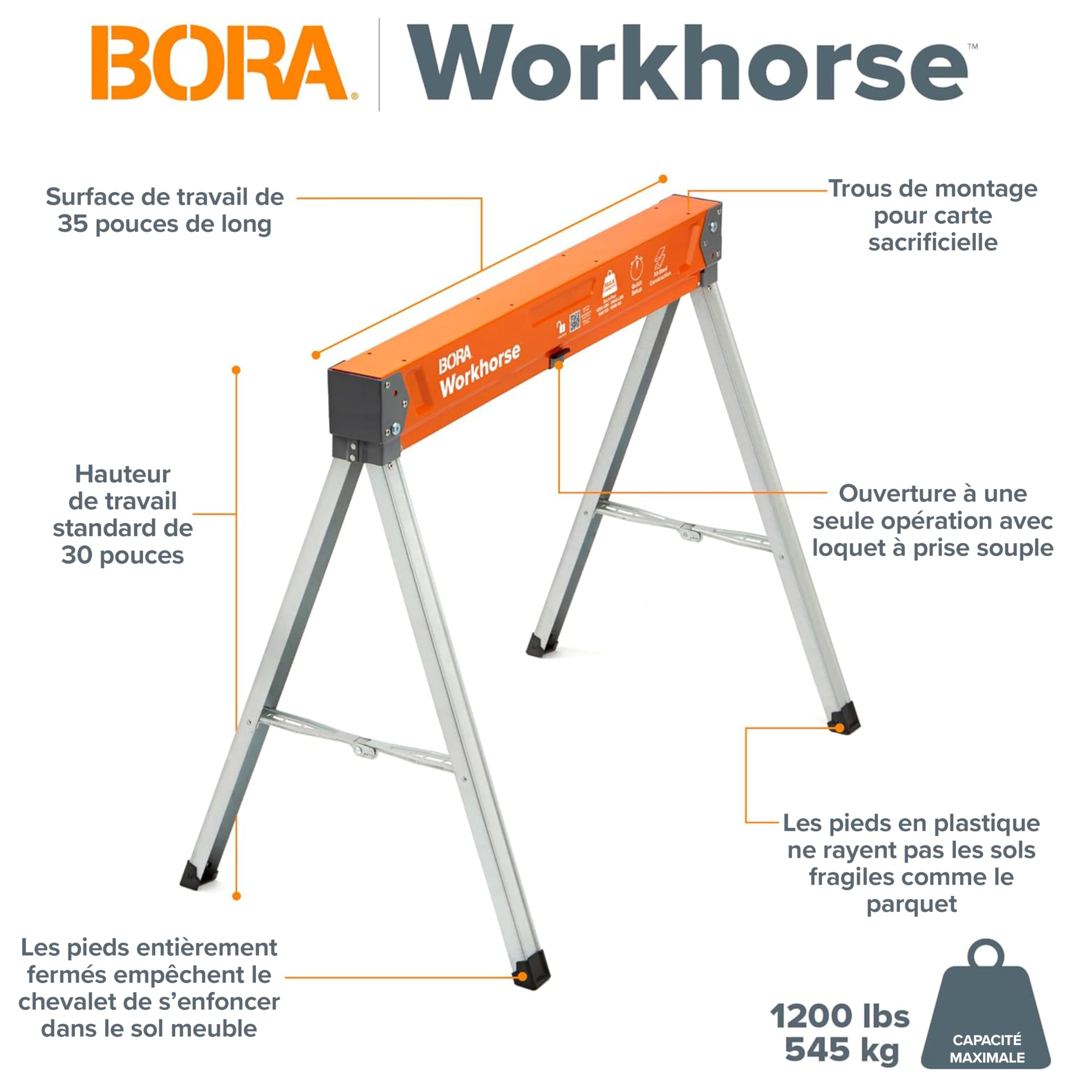 BORA Workhorse PM-3330T Lot de 2 chevalets de sciage pliables et robustes avec pieds réglables pour entrepreneurs et établi portable Orange