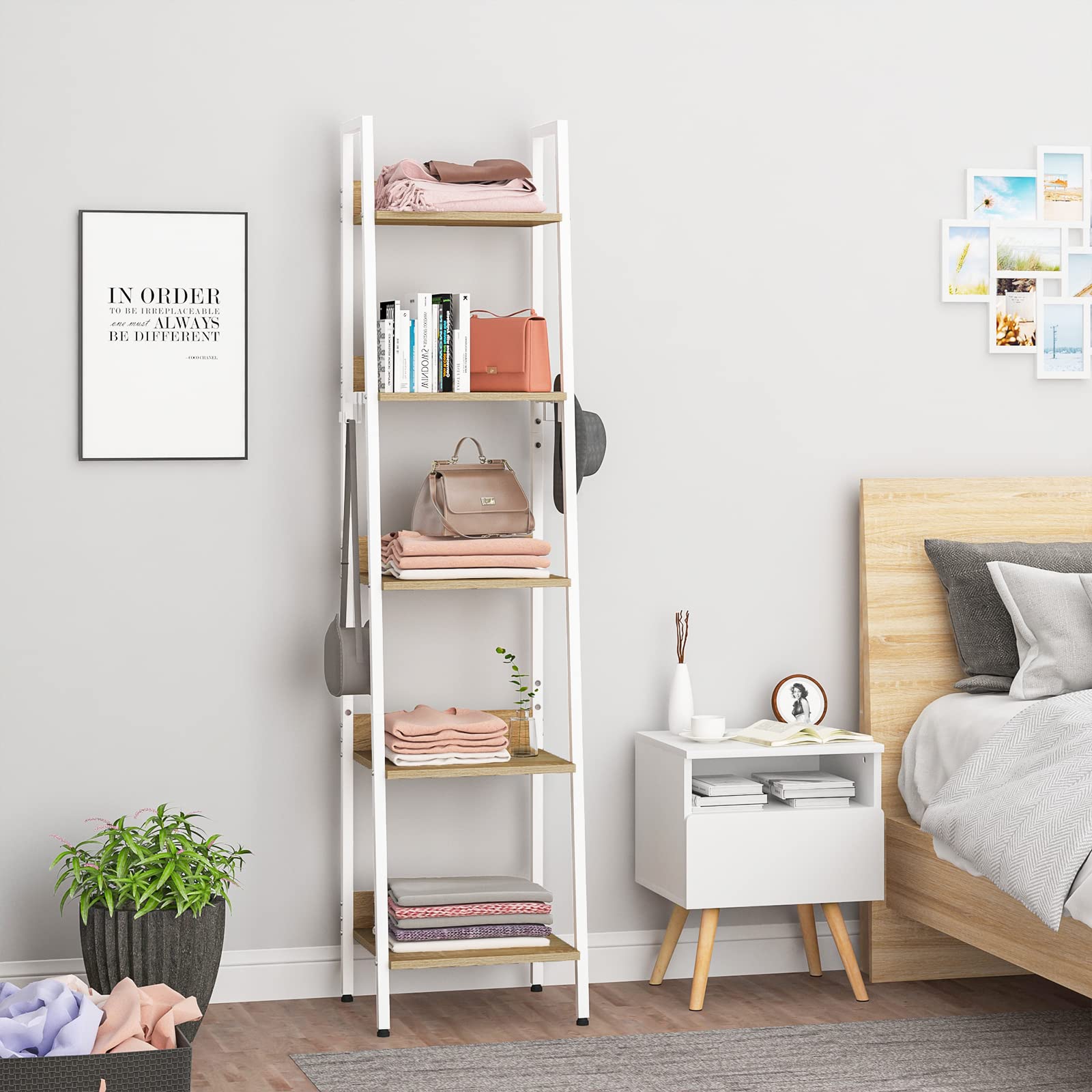 WOLTU Libreria a 5 Ripiani, Scaffale con 4 Ganci Industriale, Scaffale a Scala in MDF e Metallo per Soggiorno, Cucina, Studio, Ufficio,Bianco, 40x36x170cm RGB9289whe