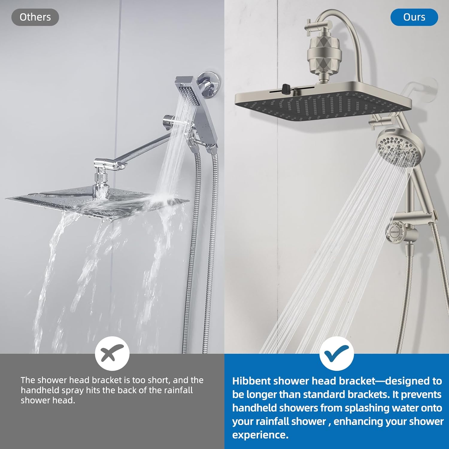 Hibbent 5-spray Dual Filtered Rainfall Shower Head Combo, High Pressure 13'' Showerhead with 10 Spray Mode Handheld, Easy Reach 4-way Diverter Arm with Pause Mode, 71'' Hose & Holder, Brushed Nickel