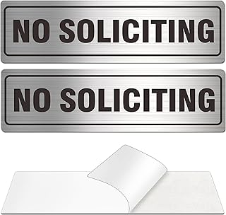Self-Adhesive No Soliciting Sign Metal for House Business Office Doors, 2 Pack Silver Color Aluminun 7 x 2 inches, Unique Small Design Durable UV and Weather Resistant, Easy Installation