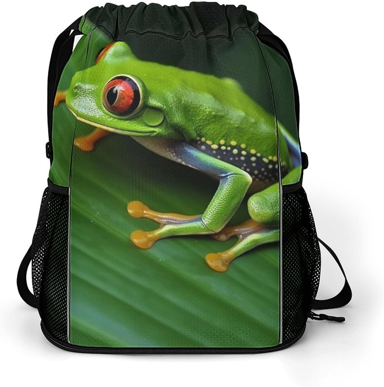 Small Gym Bag Animal Frog Green Leaf Leaves Printed Drawstring Gym Bag for Men Lightweight Waterproof Drawstring Backpack for Women with Shoe Compartment for Travel Tourism Work And Fitness