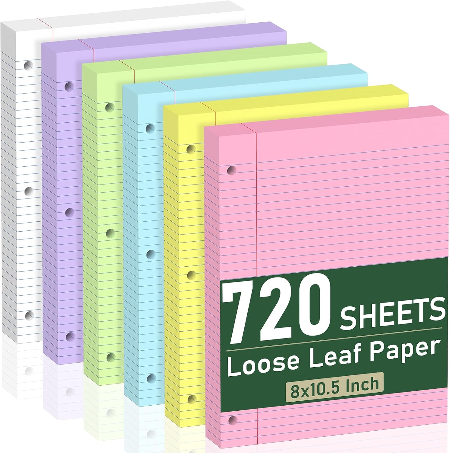 720 Sheets Loose Leaf Paper, 6-Color Lined Paper Notebooks, 8 x 10.5 College Ruled Filler Paper, 3-Hole Punched Binder Paper, Double-Side Printed Writing Paper Notepads for Home, Office, School