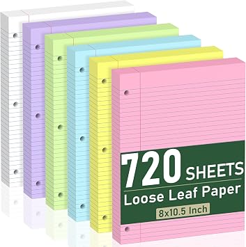 720 Sheets Loose Leaf Paper, 6-Color Lined Paper Notebooks, 8 x 10.5 Inch
