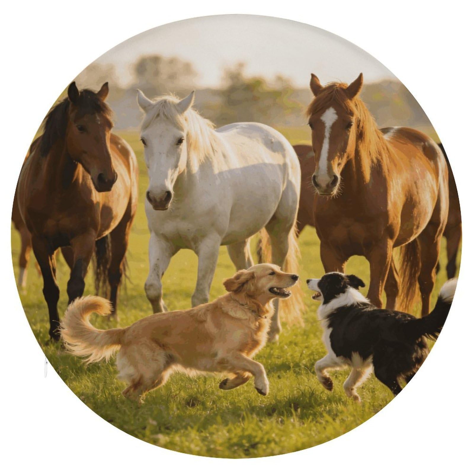 Cojín redondo de 15.3" para suelo con diseño de caballos y perros y funda extraíble