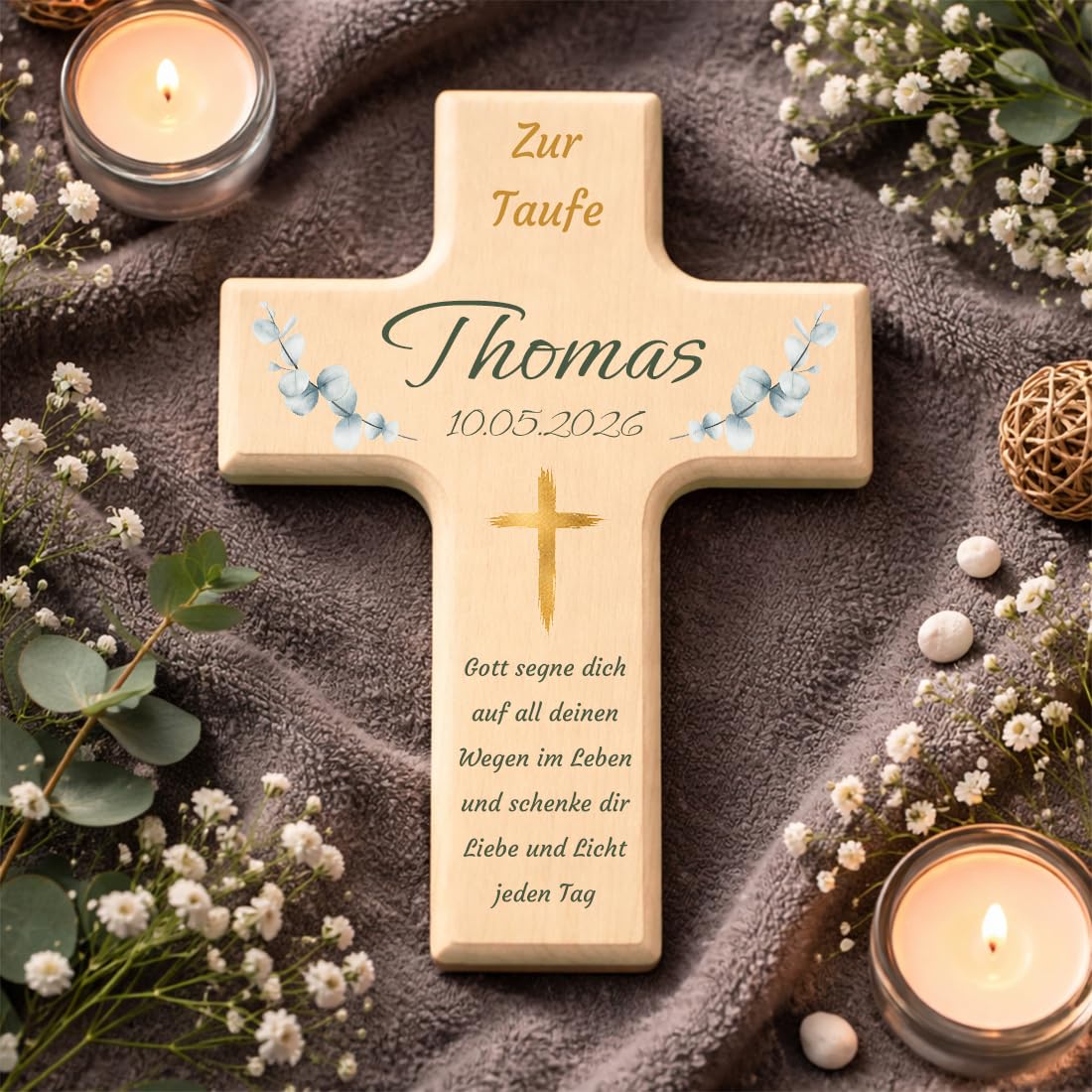 Personalisiertes Kinderkreuz zur Taufe, Kommunion & Konfirmation - Holzkreuz mit Name, Datum & Wunschtext - Christliches Kreuz für Jungen & Mädchen - Kranz Design mit Fisch, Baum oder Kreuz