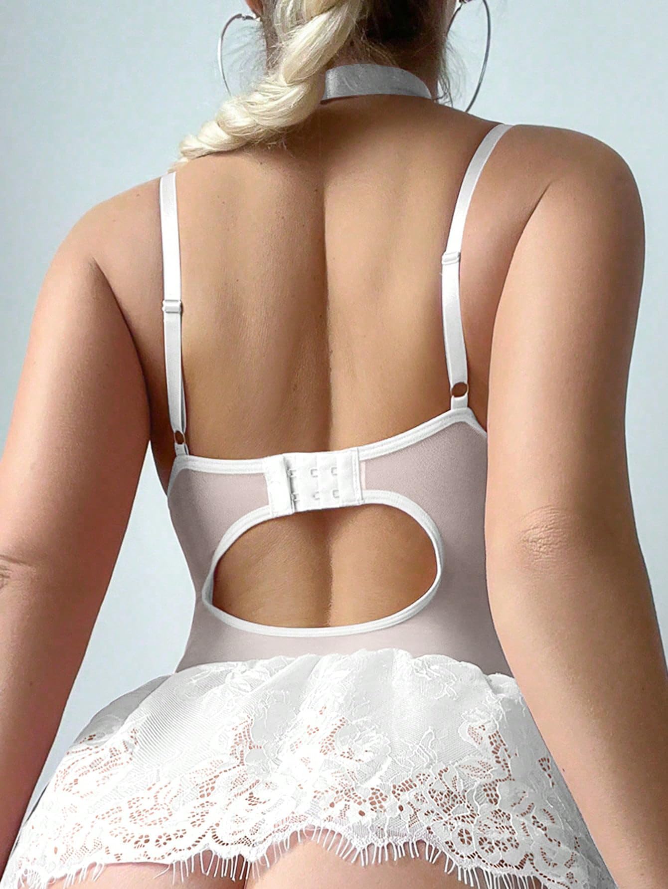 Sexy outfit Seksowny gorset typu choker z fiszbinami, koronkowa przezroczysta podwiązka pończochy komplet bielizny Babydoll ze stringami 4-częściowe stroje