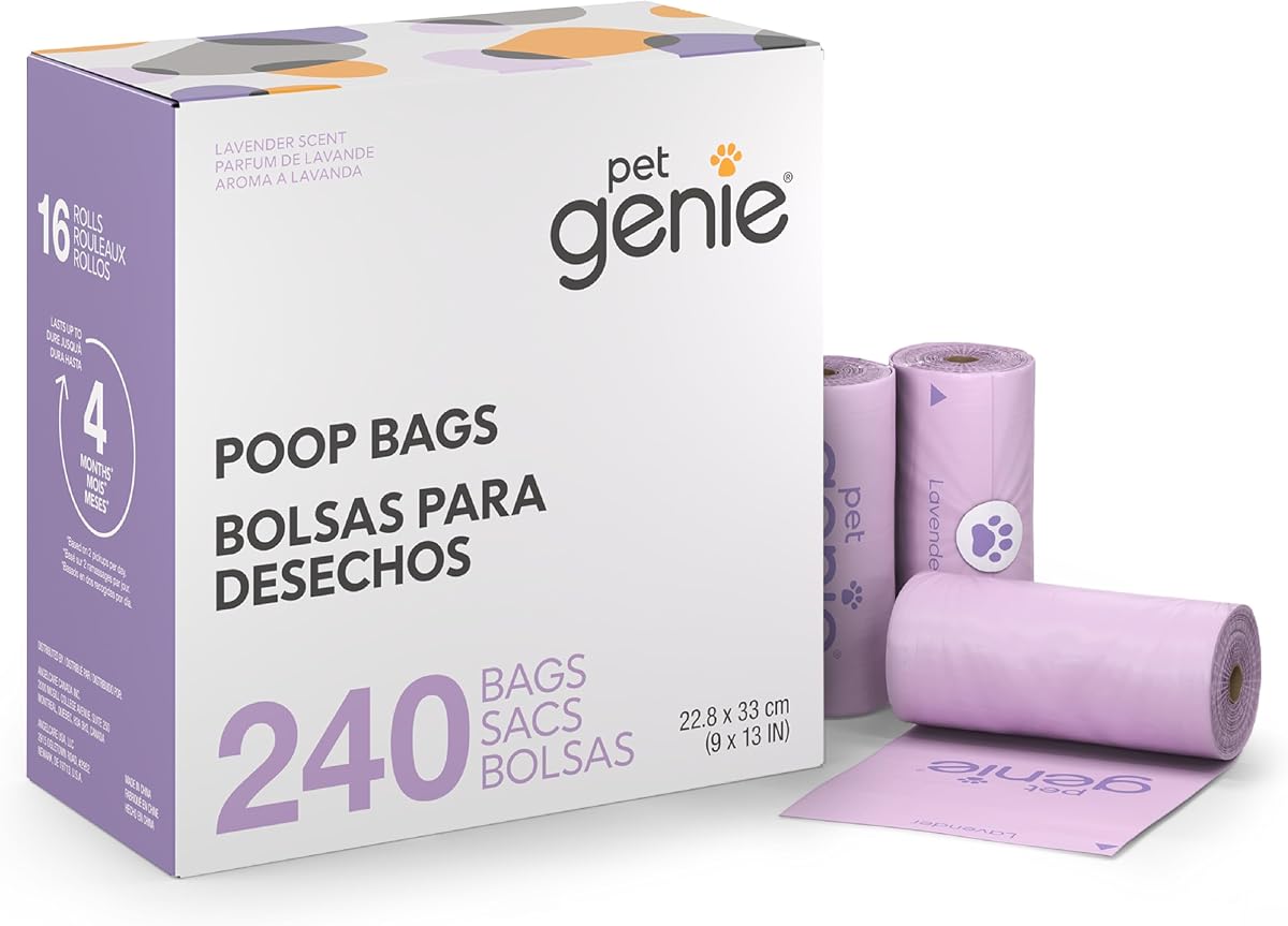 Rollos de bolsas para excrementos de perros perfumadas, extra fuertes y a prueba de fugas para perros, con aroma a lavanda, bolsas para excrementos de mascotas fáciles de rasgar, hechas de 65% de plástico reciclado, 16 rollos (240 unidades)