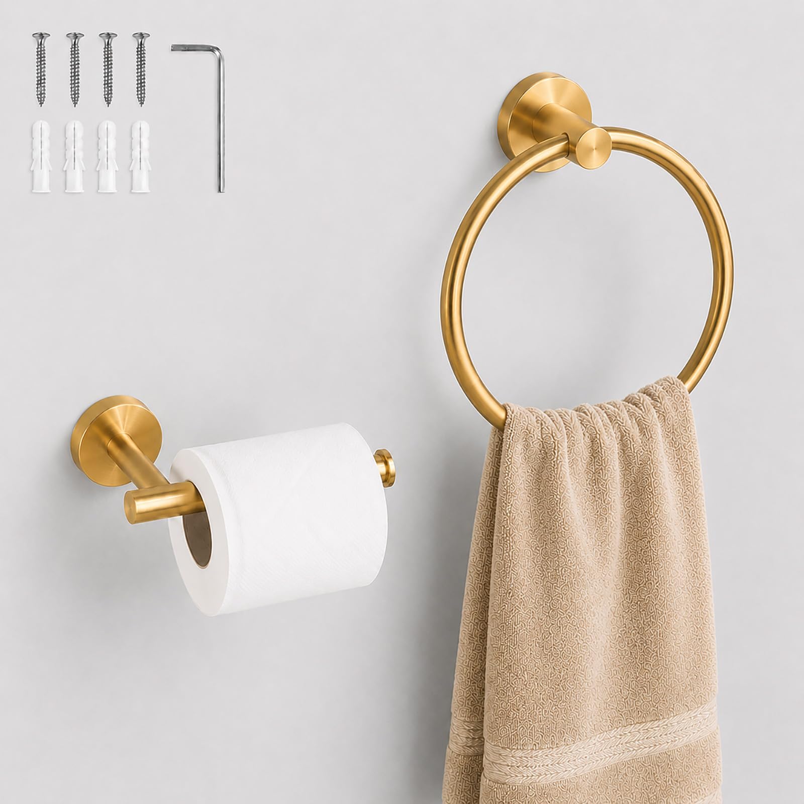 Gold Bathroom Accessories Set 2 Piece, 304 Stainless Steel Towel Ring and Toilet Roll Holder, Wall Mounted Gold Bathroom Hardware Set, Minimalist Towel Holder Ring and Toilet Paper Holder 2005