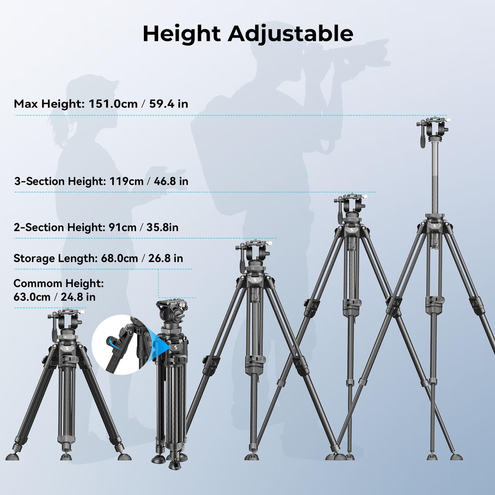 SMALLRIG Tripod de Video Resistente AD-50Pro, Trípode Liviano de Fibra de Carbono con Ajuste de Altura de Un Solo Paso FreeSpeed, Cabezal Fluido, Placa QR de Modo Dual, Columna Central - 4420
