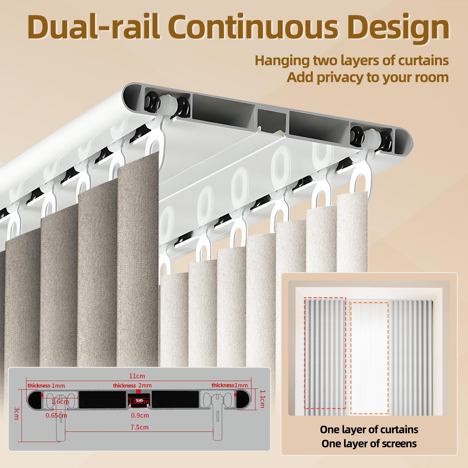 Leises zweireihiges Deckenschienensystem – 3 m flexible Aluminiumschiene für Raumteiler, biegbares Design, ideal für Wohnzimmer und Schlafzimmer, Champagner-Finish