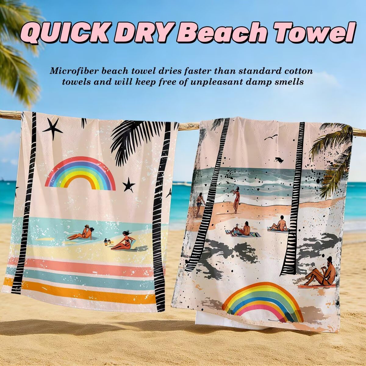Ręcznik plażowy z mikrofibry, duży ręcznik plażowy 100 x 220 cm 2 sztuki, męski damski ręcznik gimnastyczny, odporny na piasek ręczniki plażowe, szybkoschnące ręczniki z mikrofibry na plażę (krajobraz