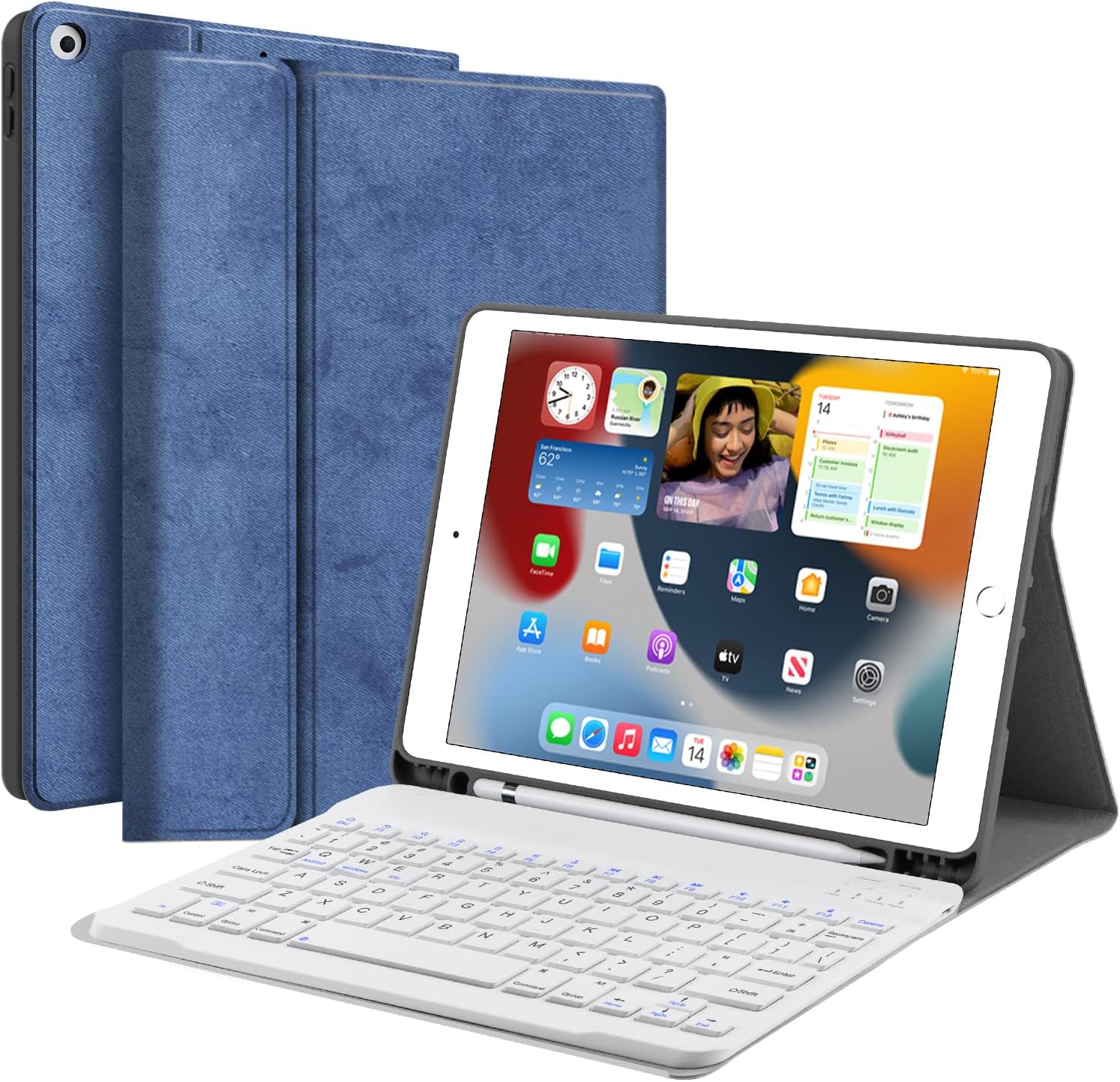 JUQITECH Keyboard Case for iPad 9th 8th 7th Generation 10.2" Wireless Bluetooth Magnetic Detachable Keyboard iPad 9th/8th/7th Gen 2021/2020/2019 Stand Tablet Cover Case Built-in Pencil Holder, Blue