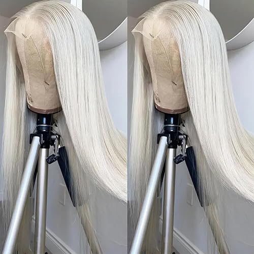 Missyvan White Hair Color 13 * 4 Lace Front Wig Glueless Long Straight Hair Wigs Platinum White Heat Resistant Fiber Hair Synthetic Lace Front Wigs for Fashion Women 28Inches - A-White