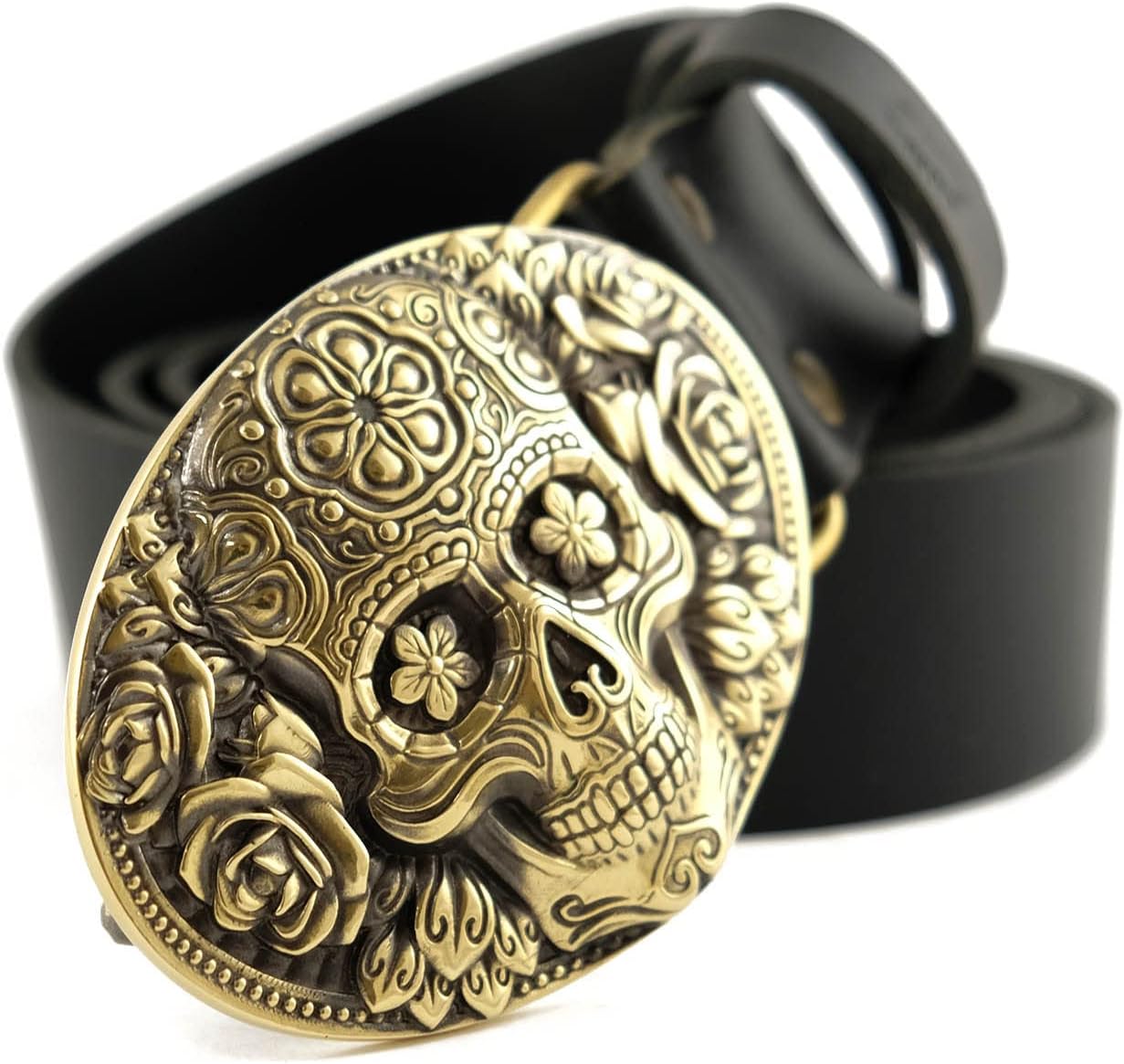 Leather belt with Skull El Día de Muertos belt buckle, The Day of the Dead, Santa Muerte skull solid brass belt buckle on casual leather belt 1.5 or 1.8 inches