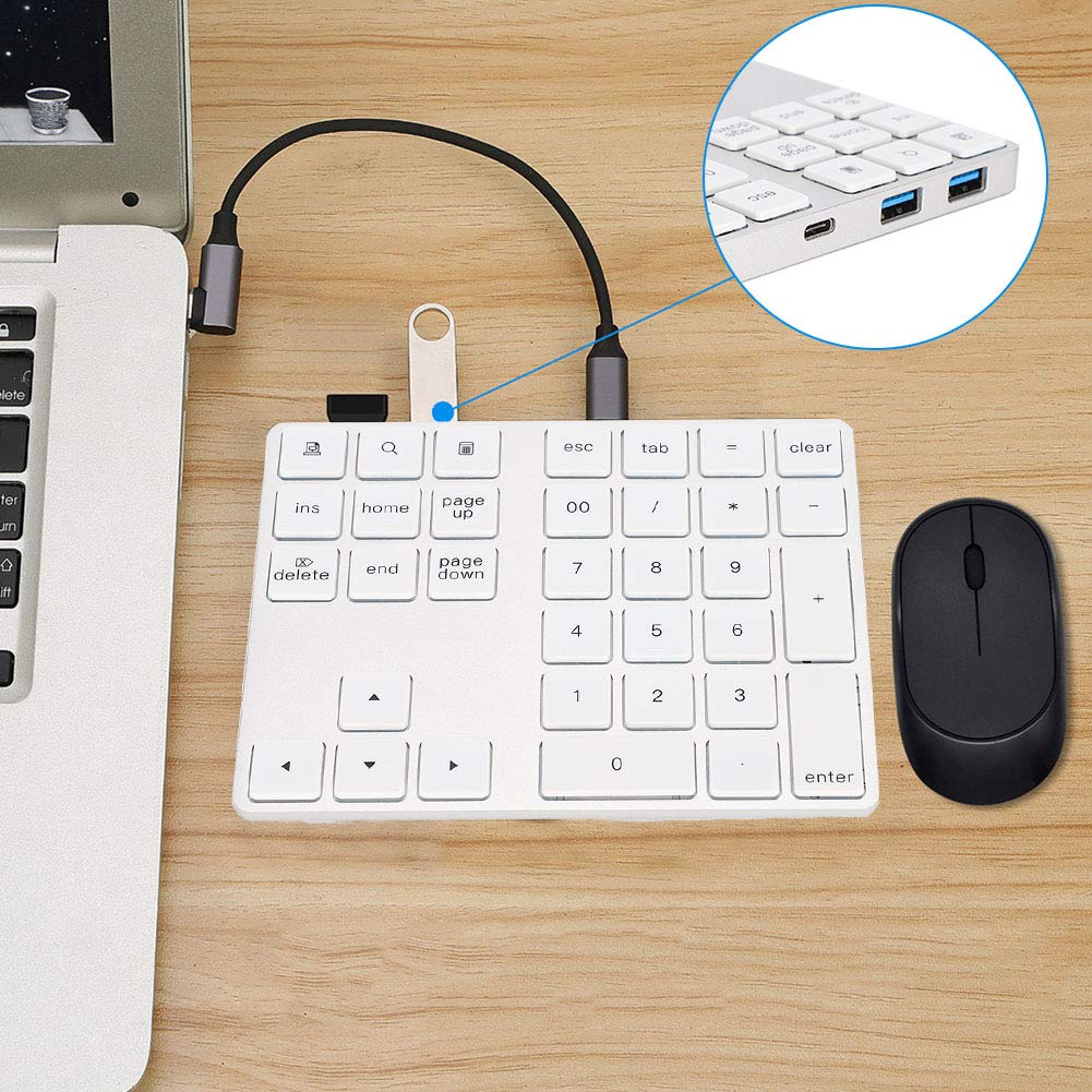 Tastiera Numerica Wireless, Tastierino Numerico Portatile a 34 Tasti con HUB Type-C USB 3.0 per Android(Argento)