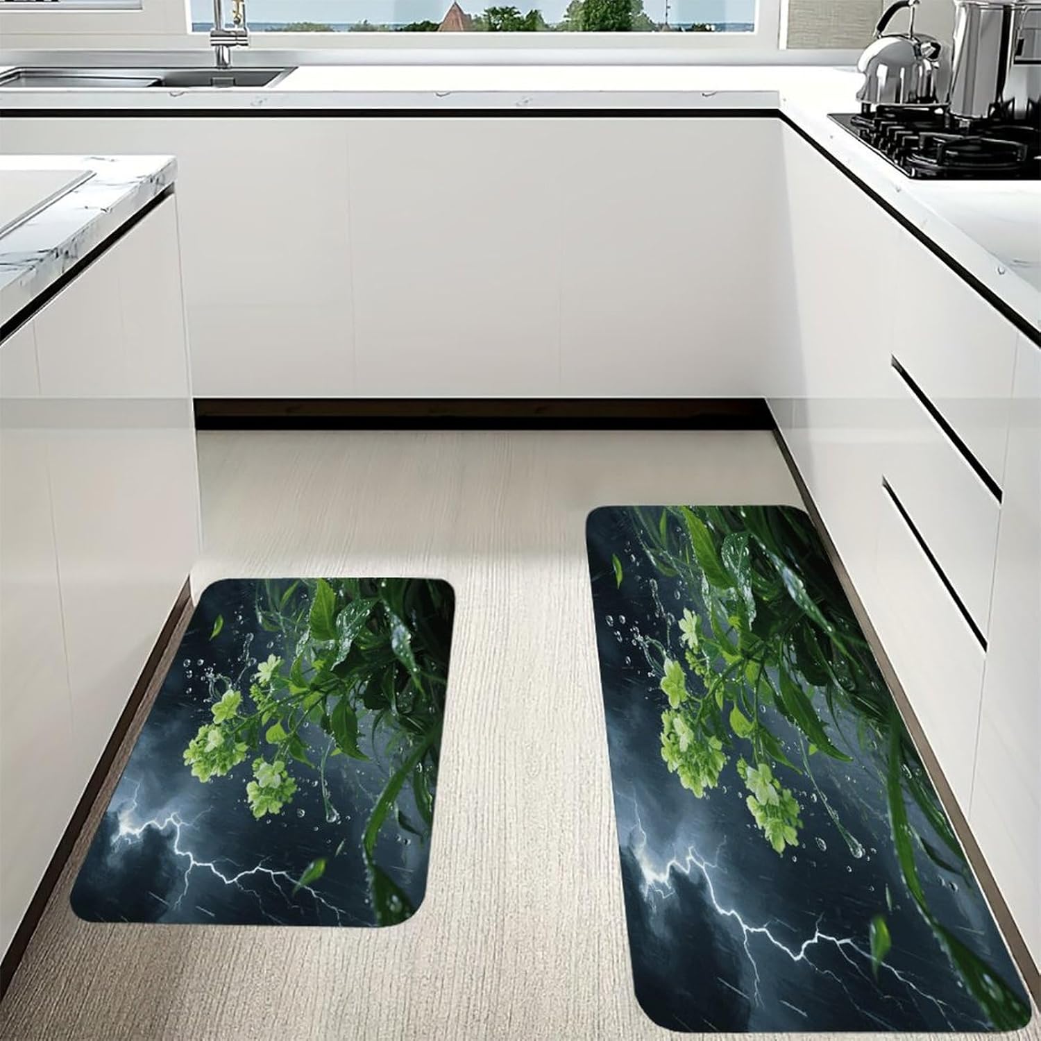 Green Floral Plant Kitchen Mat Set of 2 Ergonomic Comfort Velvet Rugs Cushioned Anti-Fatigue Non-Slip Standing Mats Thick Kitchen Floor Mat Carpet Runner Rugs 16"×24"+17"×47"