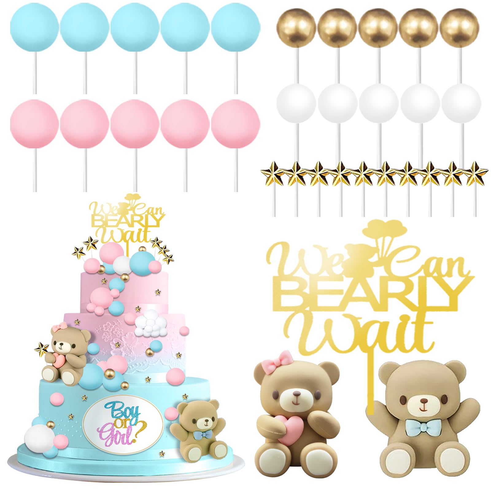 33 Pcs Bear Gender Reveal Cake Toppers, Pink and Blue Bear Cake Decorations with Stars, Pearl Balls, We Can Bearly Wait Cake Topper for Baby Shower,