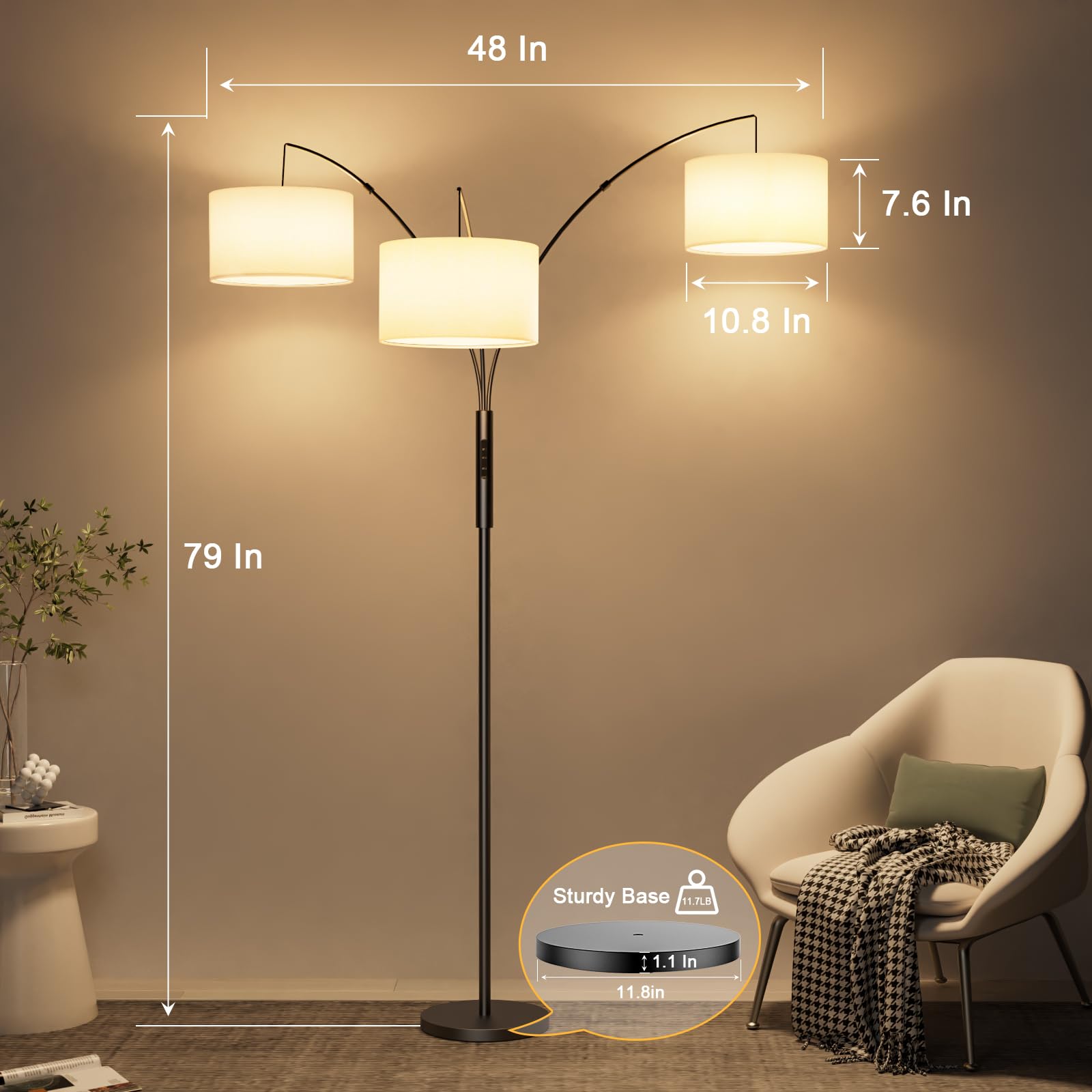 SIBRILLE 36W Bogenlampe Stehlampe mit Weiß Stoffschirm, 3000LM Superhelle Stehlampe mit Fernbedienung & Touch, LED Stehlampe Dimmbar, 187cm Stehleuchte für Wohnzimmer Schlafzimmer Büro