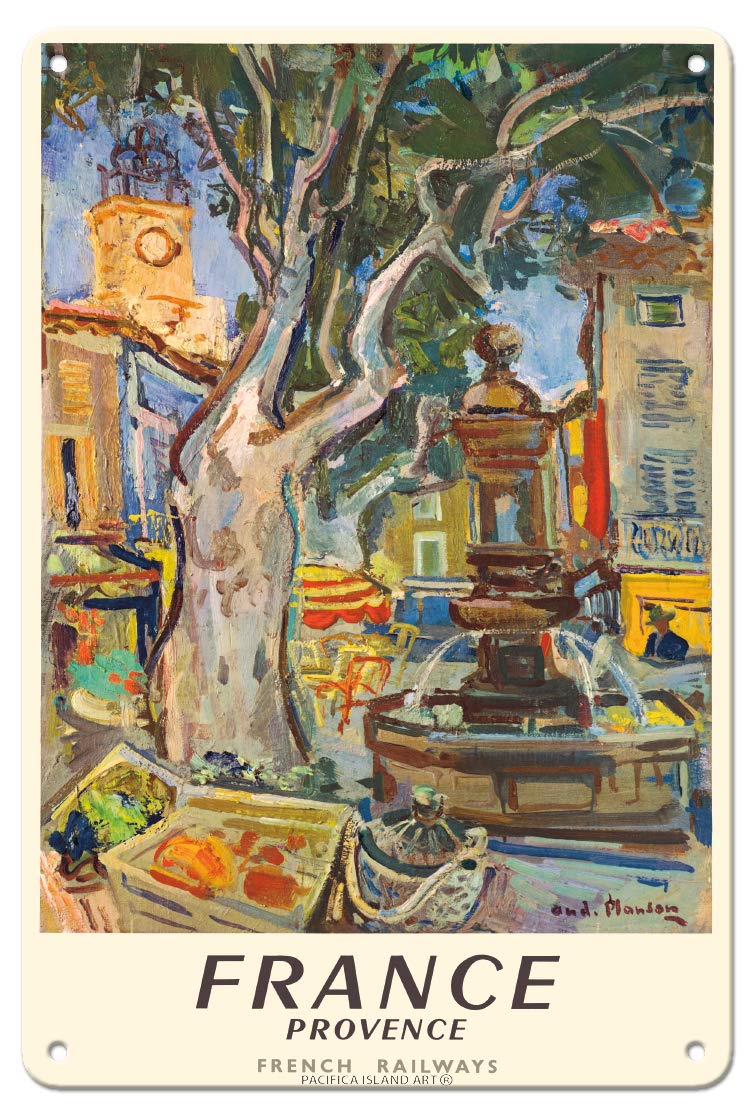 Pacifica Island ArtProvence France French National Railways Market in Aix en Provence - Vintage Travel Poster by André Planson c.1957-8 x 12 inch Vintage Metal Tin Sign