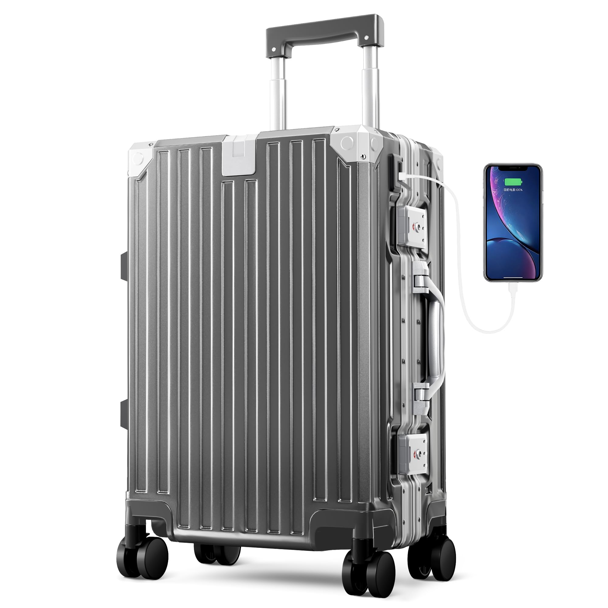 ALPHA CAMP Handgepäck Koffer Suitcase Koffer Mittelgroß Grau 37L | TSA Schloss mit Rollen Luggage leicht für Reisen 37x22x55,5cm Polycarbonat Aluminium Rahmen Reisekoffer Hartschalenkoffer