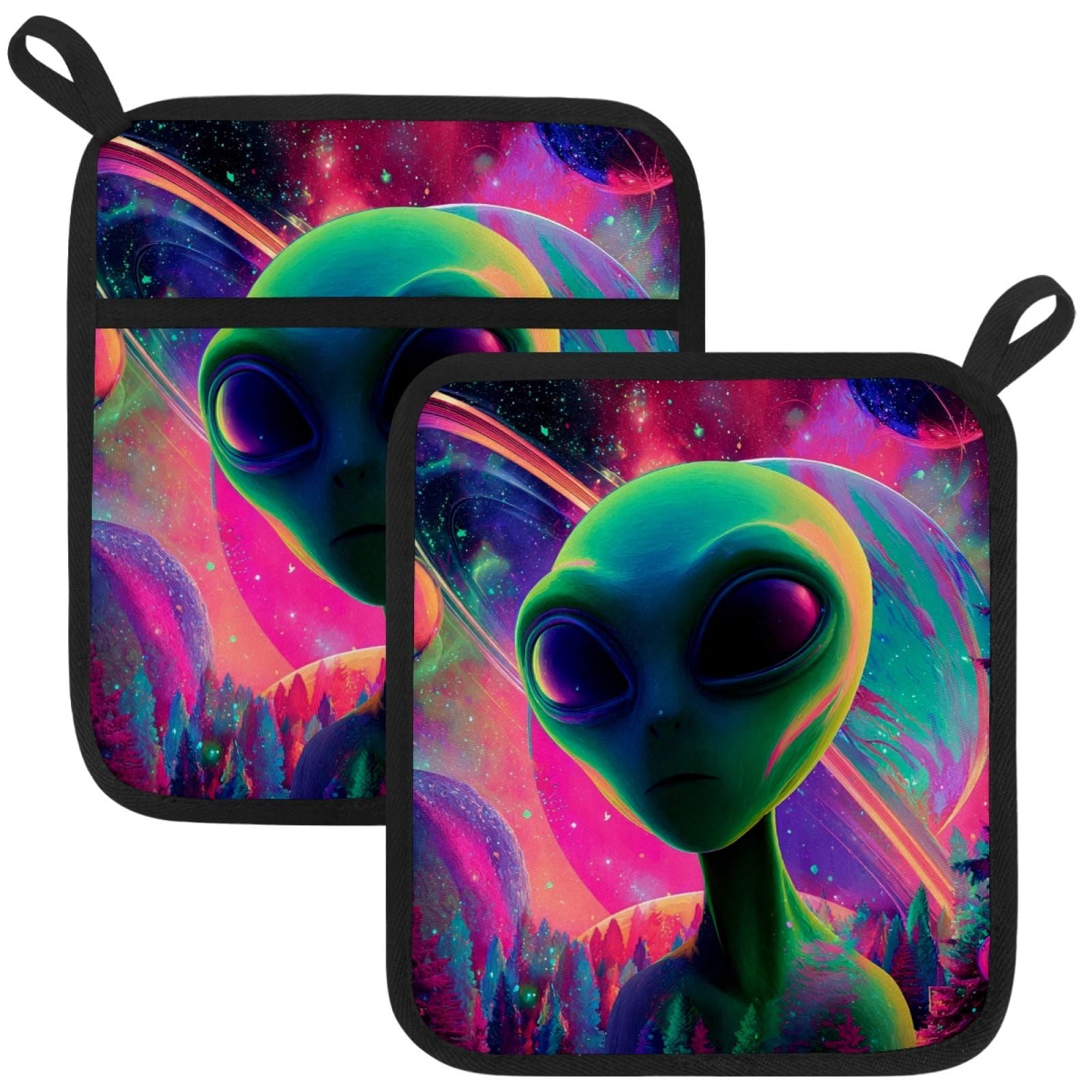 VAPOKF Green Aliens Heat Resistant Pot Holders, Thick Pot Holders Pad with Hanging Loop for Kitchen, Oven Cloth Pads for Kitchen Baking Microwave Oven