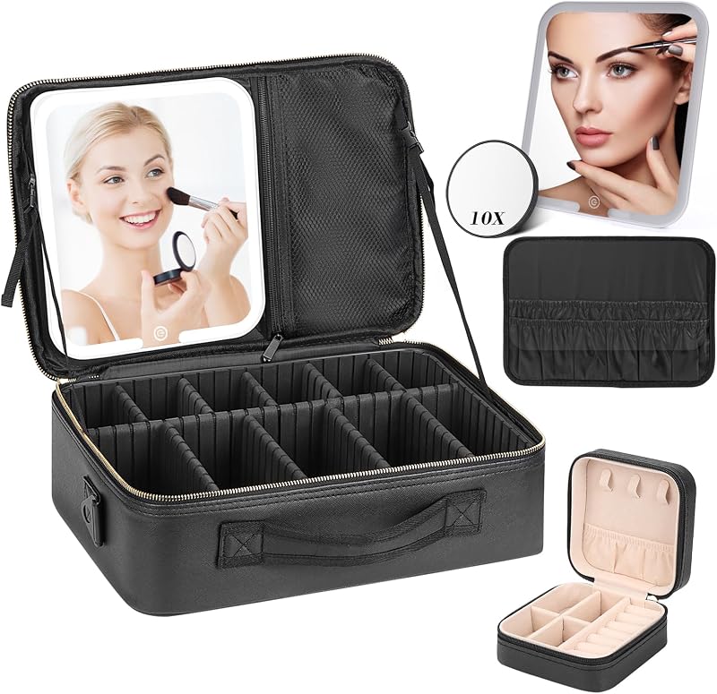 Yokilly Nagy Kozmetikai Táska LED Tükörrel - Vízálló Smink Szervező Táska Világítással - Professzionális Makeup Tárolódoboz Fekete