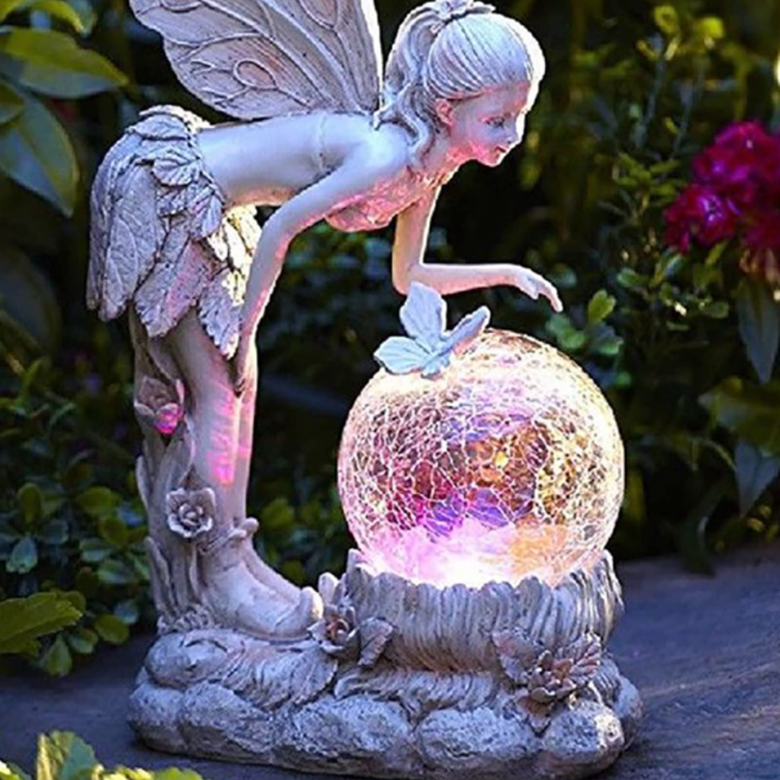 Jardín Cuento De Hadas Hada De Las Flores Adornos, Estatuas Al Aire Libre Con Luces Solares, Impermeable Resina Ángel Figuras De Patio Con Bola Crepitante, Esculturas Decoraciones