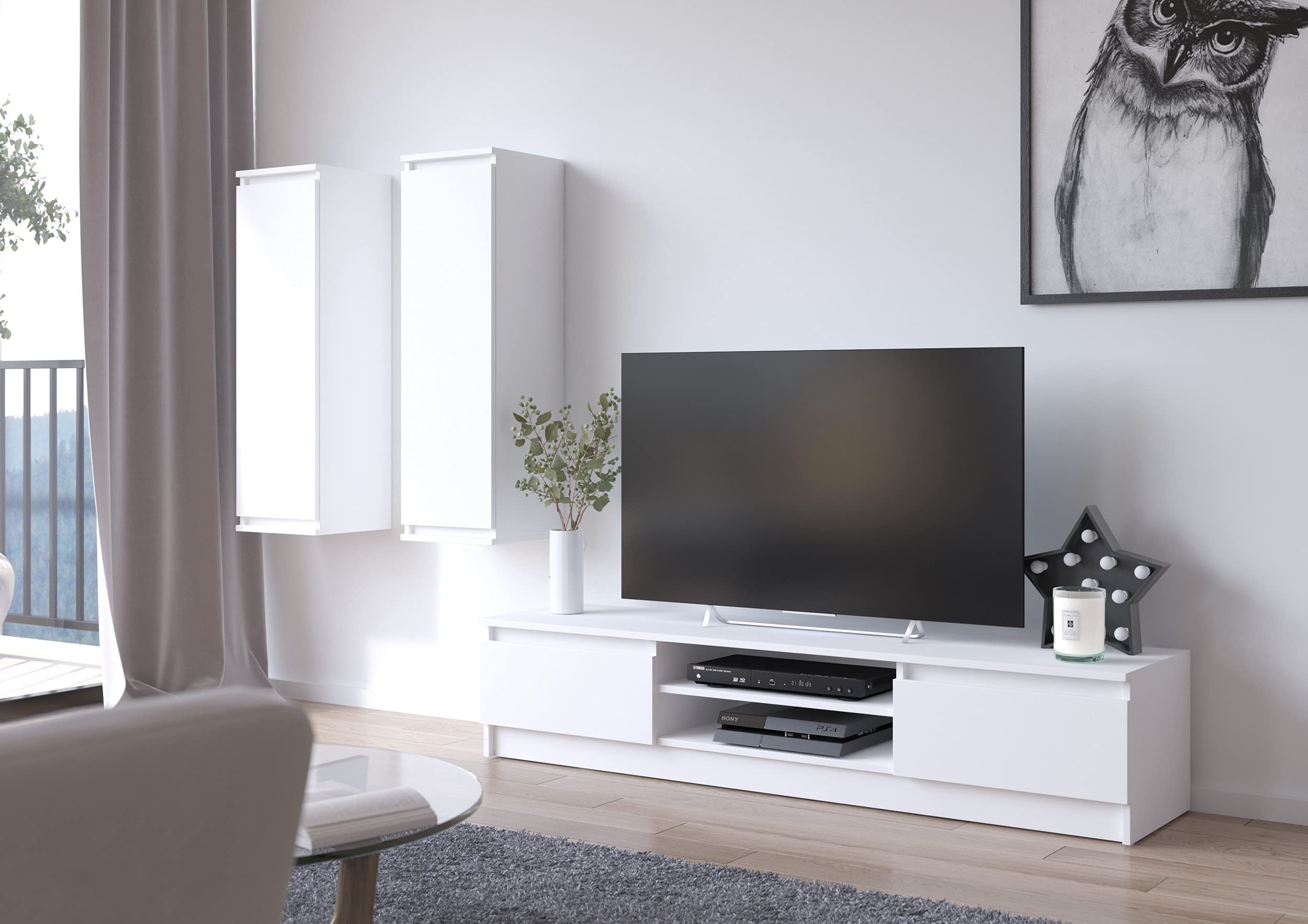AKORD | Set di mobili 2 Armadi a muro e Mobile per TV | Mobiletto Porta Televisione Soggiorno | Set di Mobili da Salotto Camera da Letto | Piano Laminato | Moderno |Bianco
