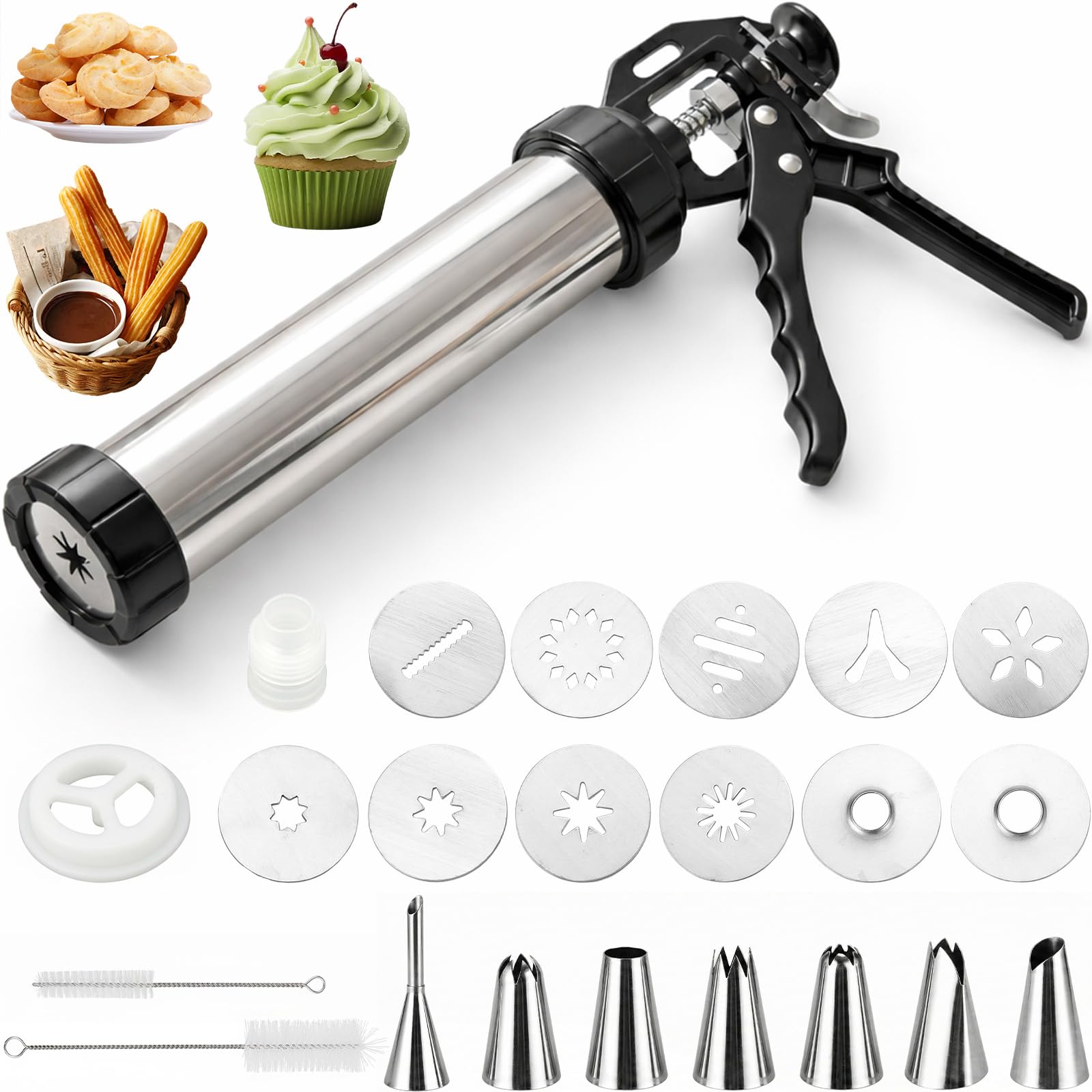 Pressa per pasticceria a spruzzo, in acciaio inox, con 10 stencil, 7 beccucci in acciaio inox, per dolci e dessert