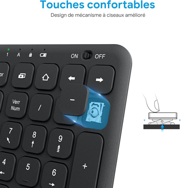 OMOTON Wireless 2.4GHz AZERTY Billentyűzet Numerikus Billentyűzettel PC Windows Számítógéphez Csendes Fekete