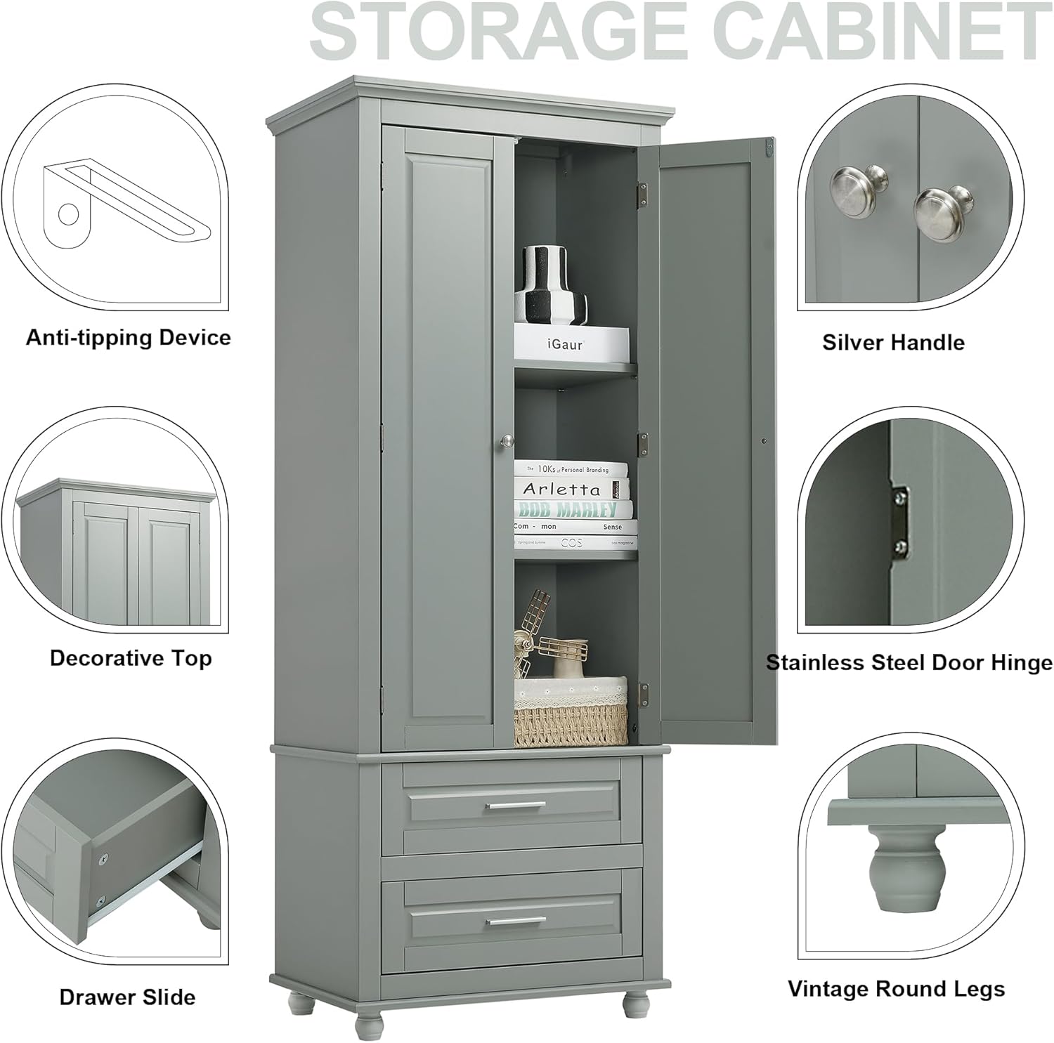 62.5" Tall and Wide Storage Cabinet with Doors & 2 Drawers,Wooden Kitchen Pantry Cupboard,w/Adjustable Shelf/Anti-Dumping Device,for Bathroom/Office/Living Room,Grey