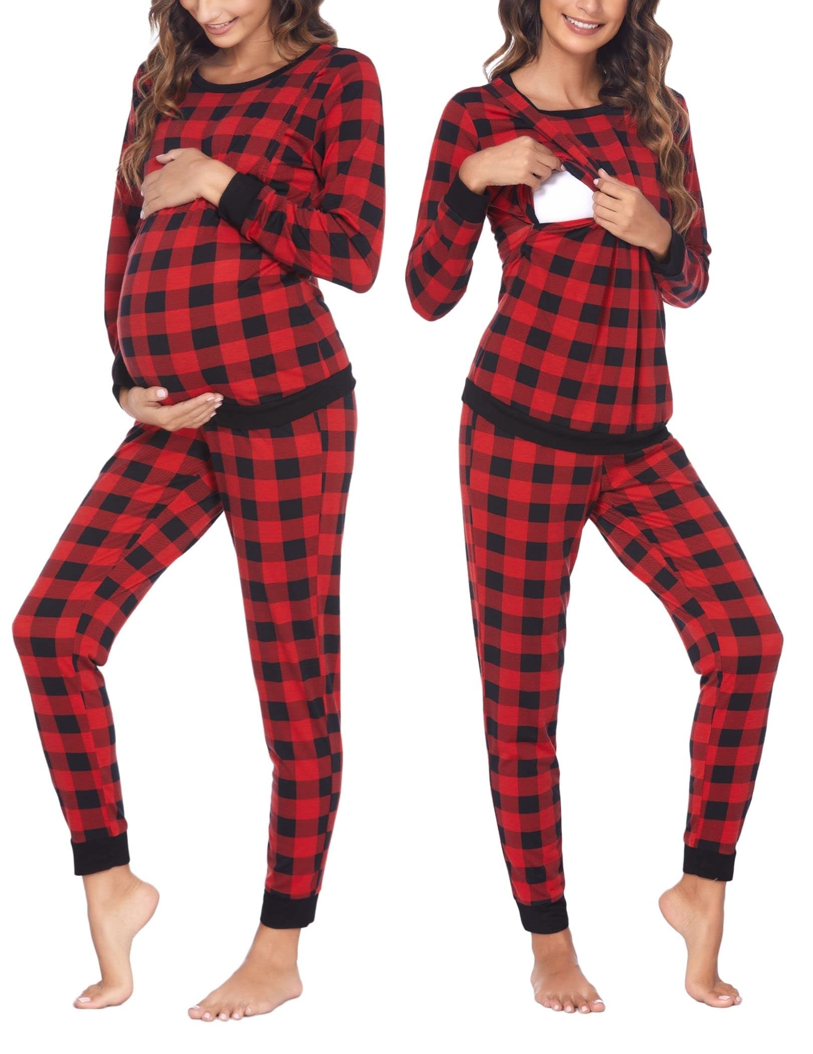 Ekouaer Pigiama Donna Premaman Pigiami maternità Invernali Manica Lunga Due Pezzi Abbigliamento da Notte Morbido, S-XXL
