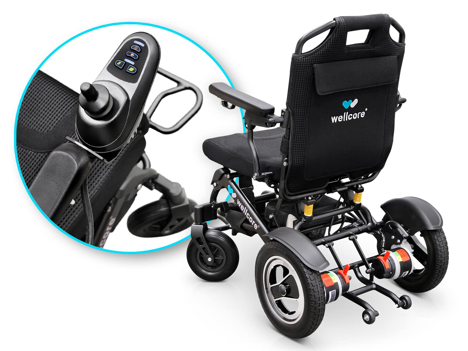 Silla de ruedas eléctrica WELLCORE, Plegable, Autonomía 15 km, Chasis aluminio, Mando con conexión USB, Frenado electromagnético, Hasta 135 kg