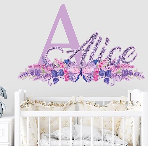 Calcomanía de pared con nombre personalizado con purpurina para niñas, calcomanías de pared de flores y mariposas para decoración de dormitorio de