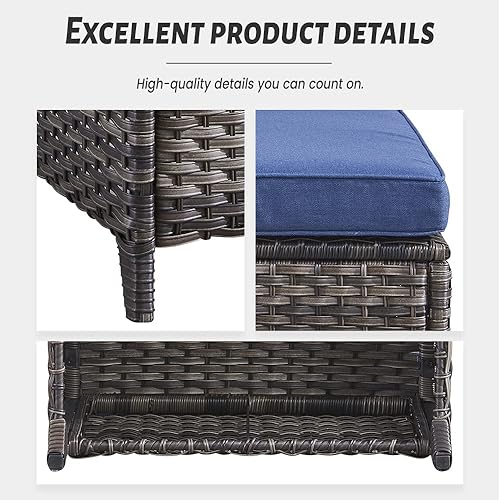 Miniatura 7 de Juego de 2 taburetes otomanos de mimbre de ratán para todo tipo de clima, con cojines suaves para muebles de patio