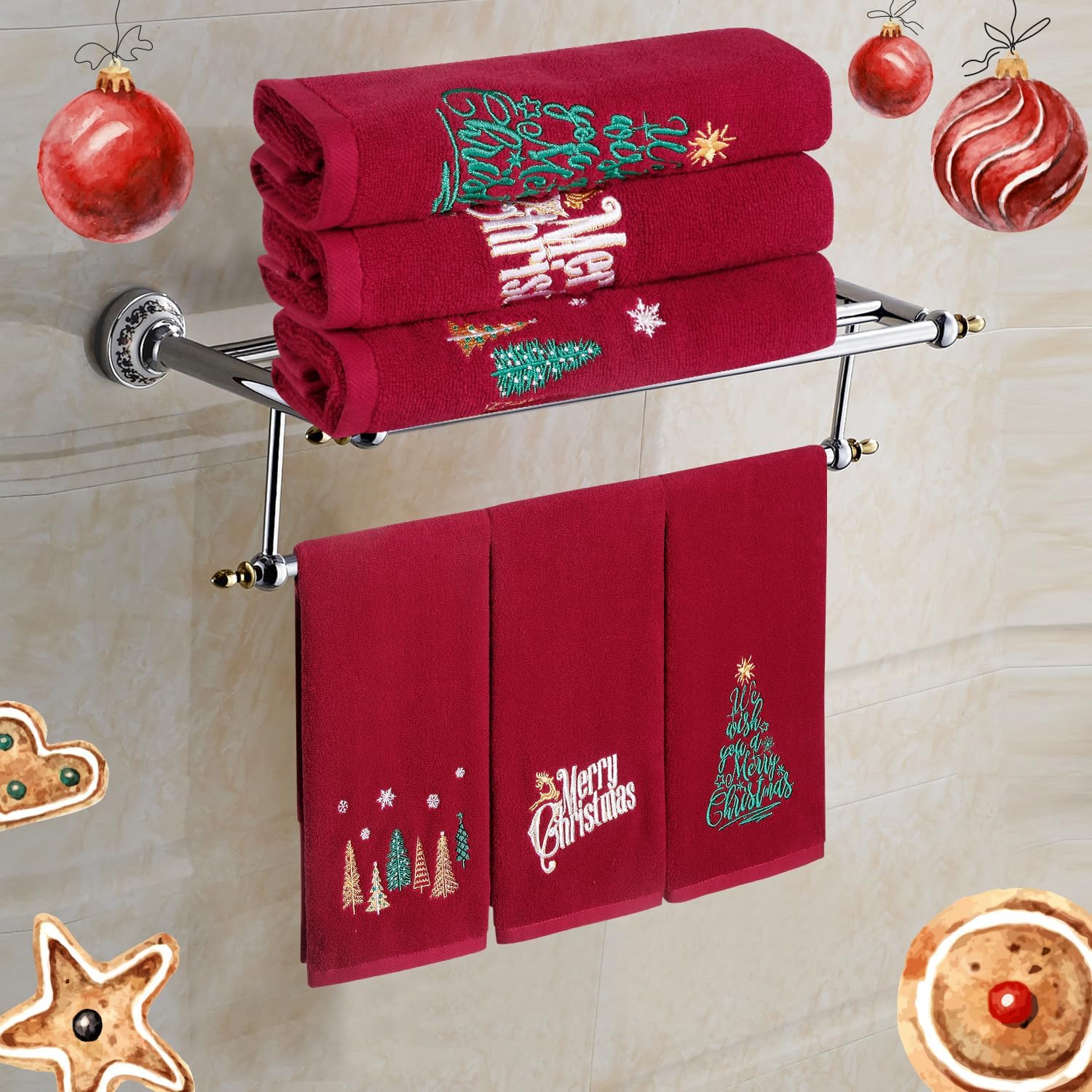 Quera 3 Pack Christmas Hand Towels 100% Cotton Embroidered Red Bathroom Decor Decorative Kitchen Towels Set for Drying, Cleaning, Cooking, Holiday Towels Gift Set,13.7 x 29.5 inches - Image 2