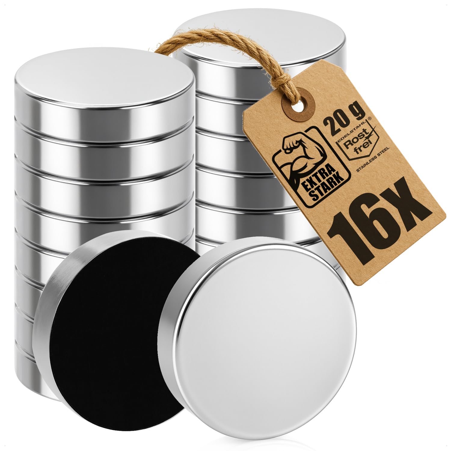 COM-FOUR 16x fridge magnets, strong magnets made of stainless steel with felt pads, flat round magnets for fridges, whiteboards and more (16 pieces)