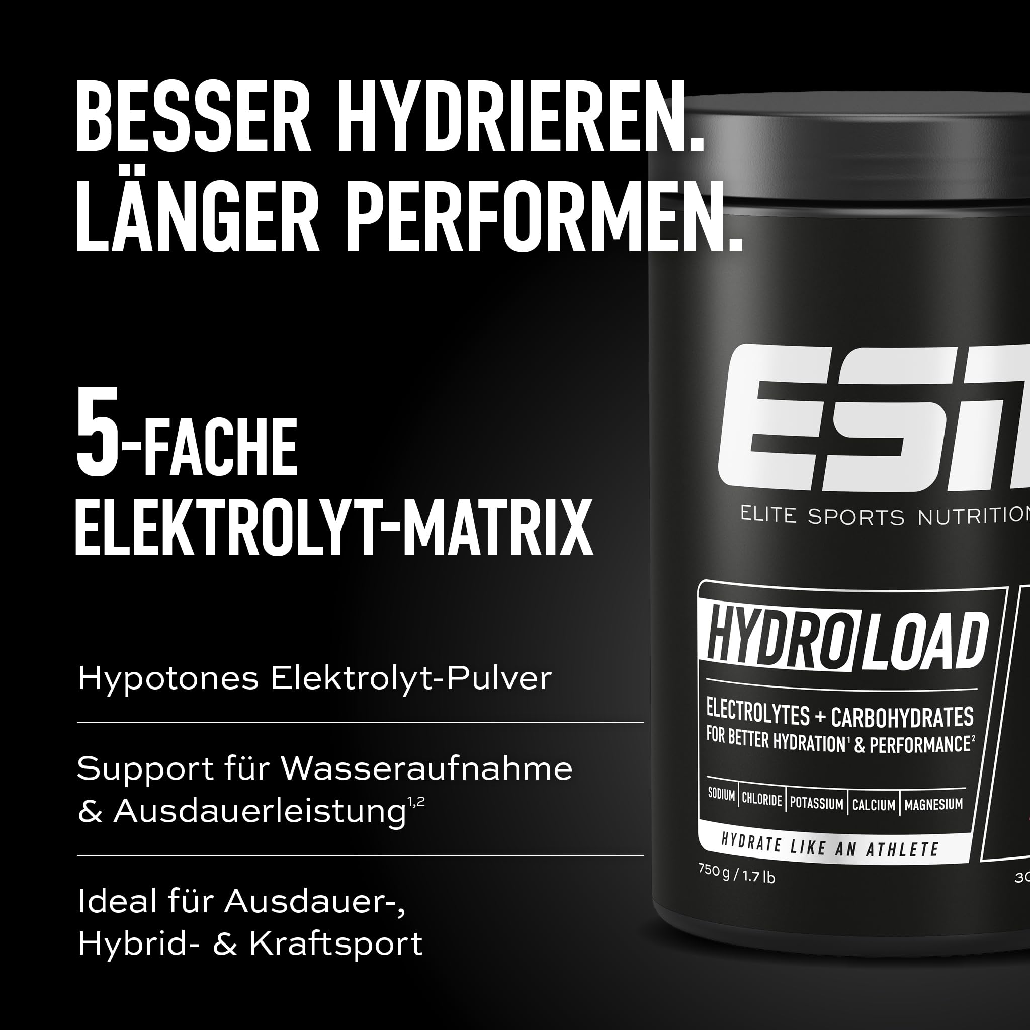 ESN Hydroload Electrolytes, 750 g, 30 Portionen, Cherry | Kohlenhydrat-Elektrolyt-Lösung für verbesserte Wasseraufnahme, vegan - made in Germany
