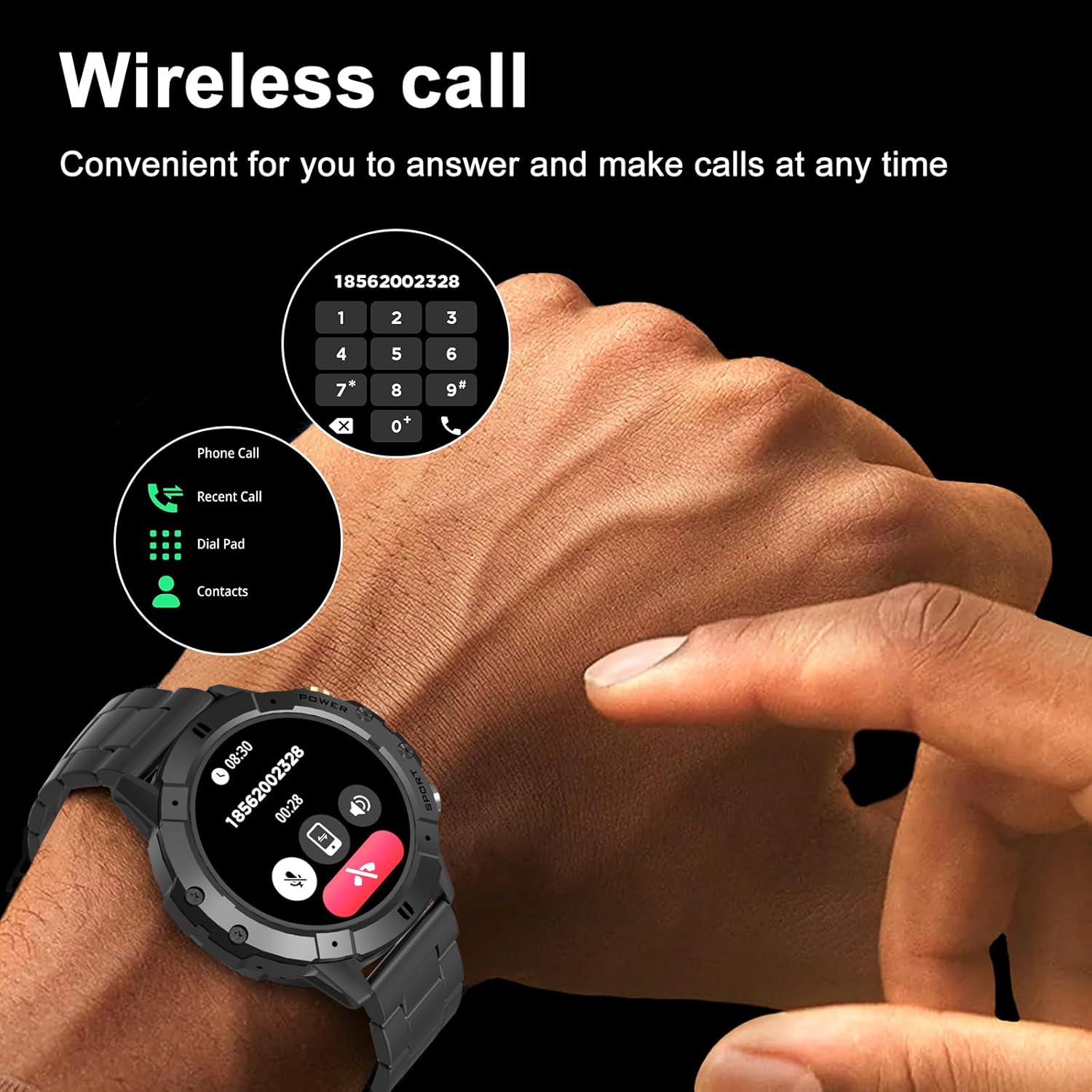User making a wireless call from the AMZSA C29 Smartwatch