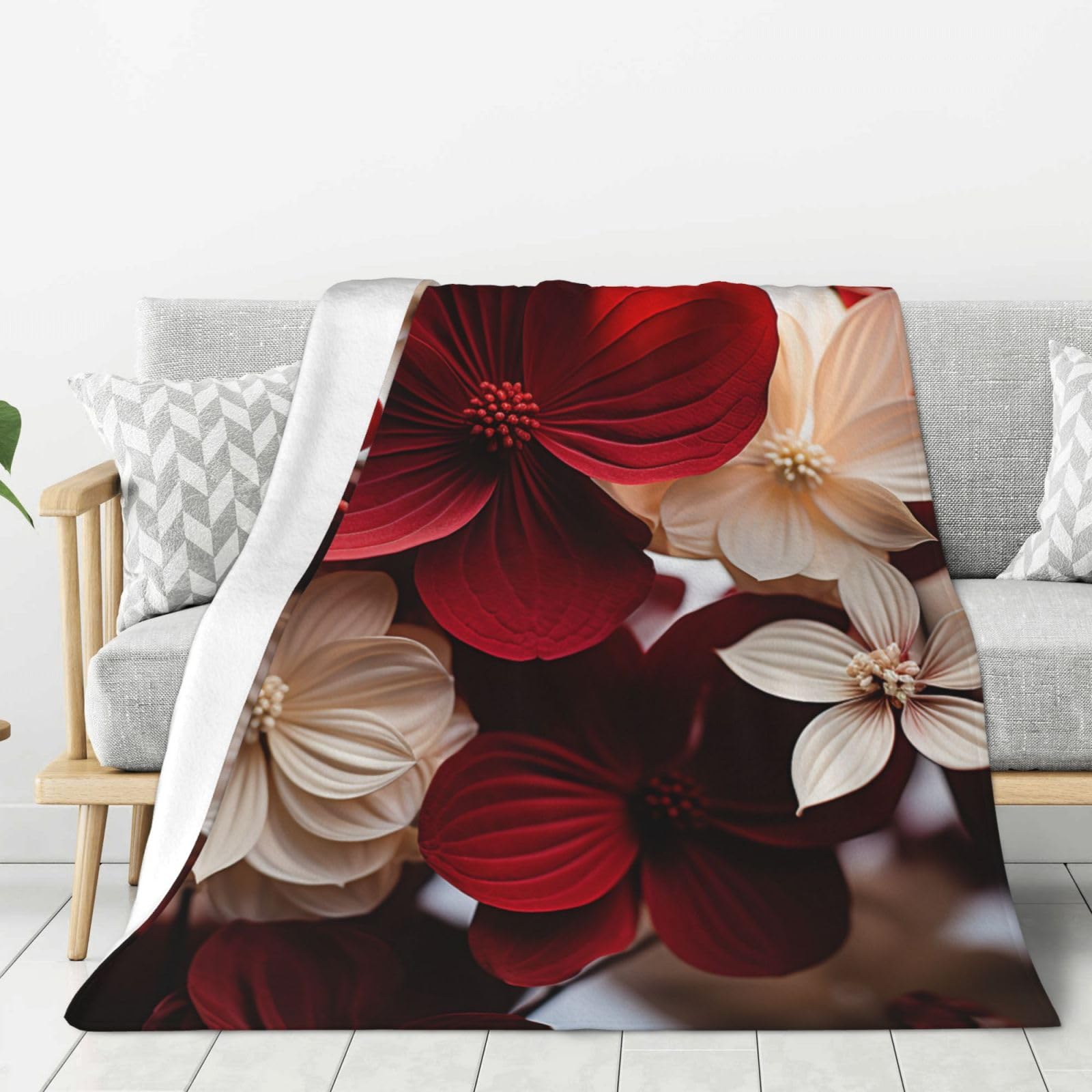 Couverture en flanelle rouge et blanche à motif pétale léger en microfibre pour lit